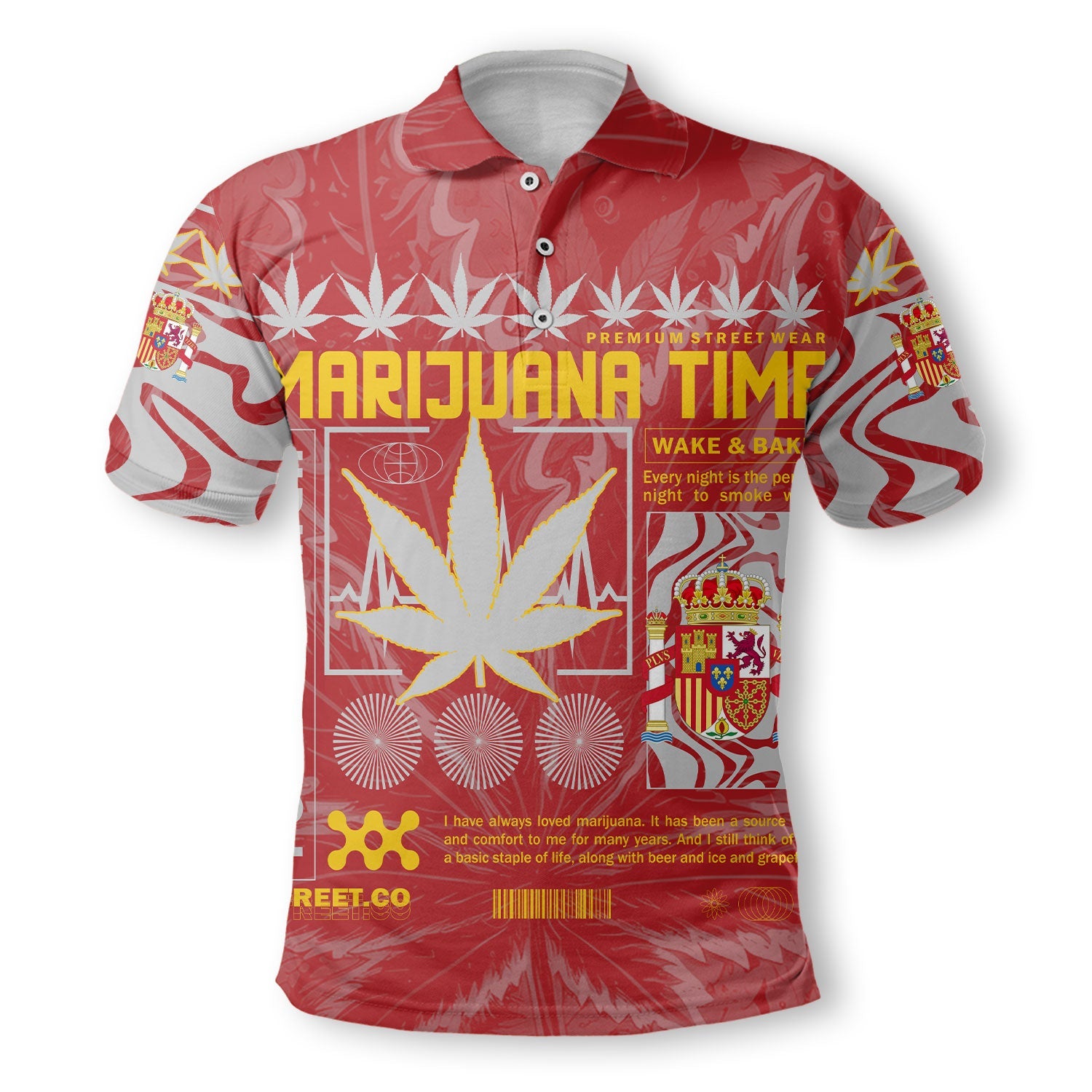 Spain Polo Shirt Flag & Coat Of Arms Marijuanas Style