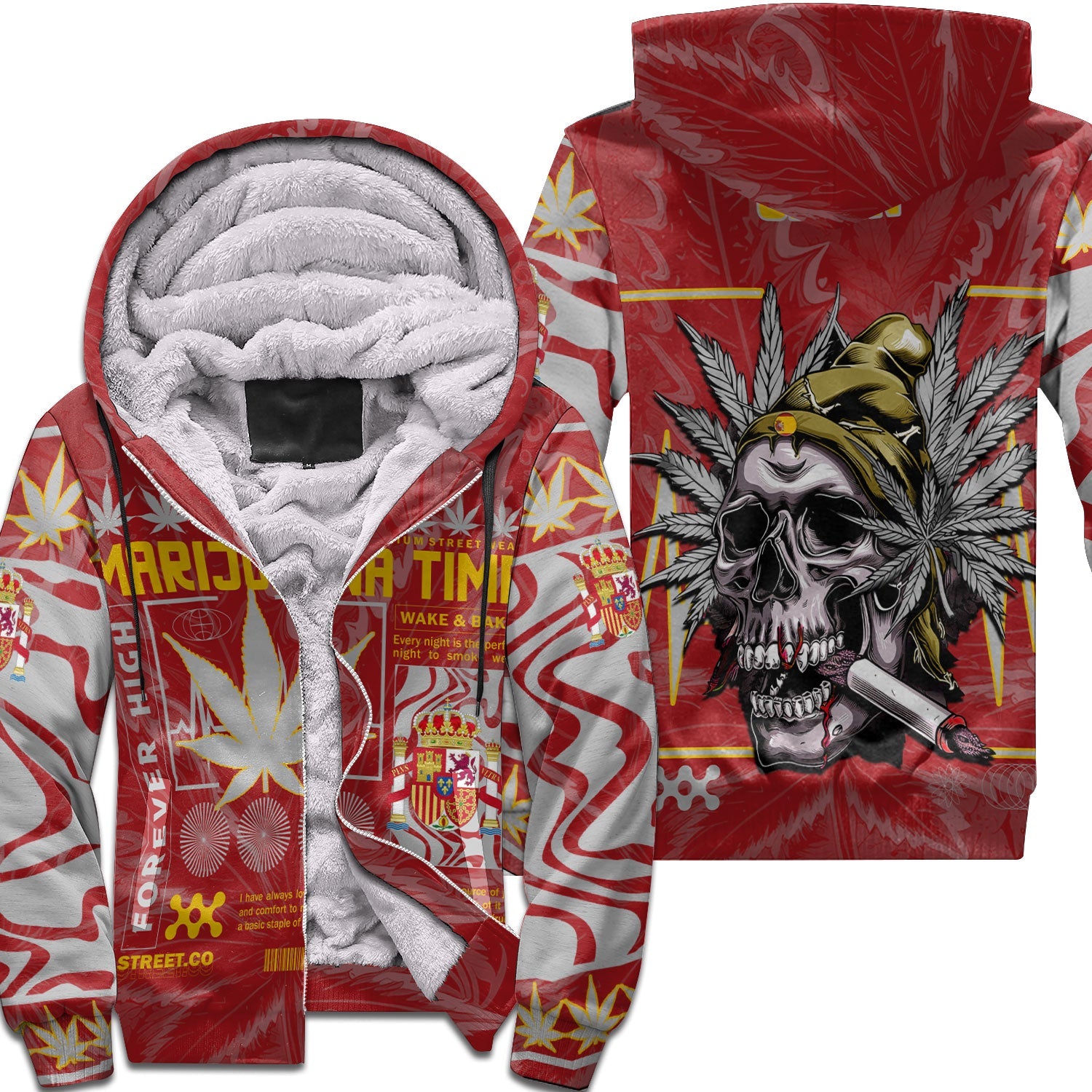 Spain Sherpa Hoodie Flag & Coat Of Arms Marijuanas Style