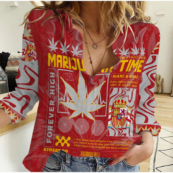 Spain Women Casual Shirt Flag & Coat Of Arms Marijuanas Style