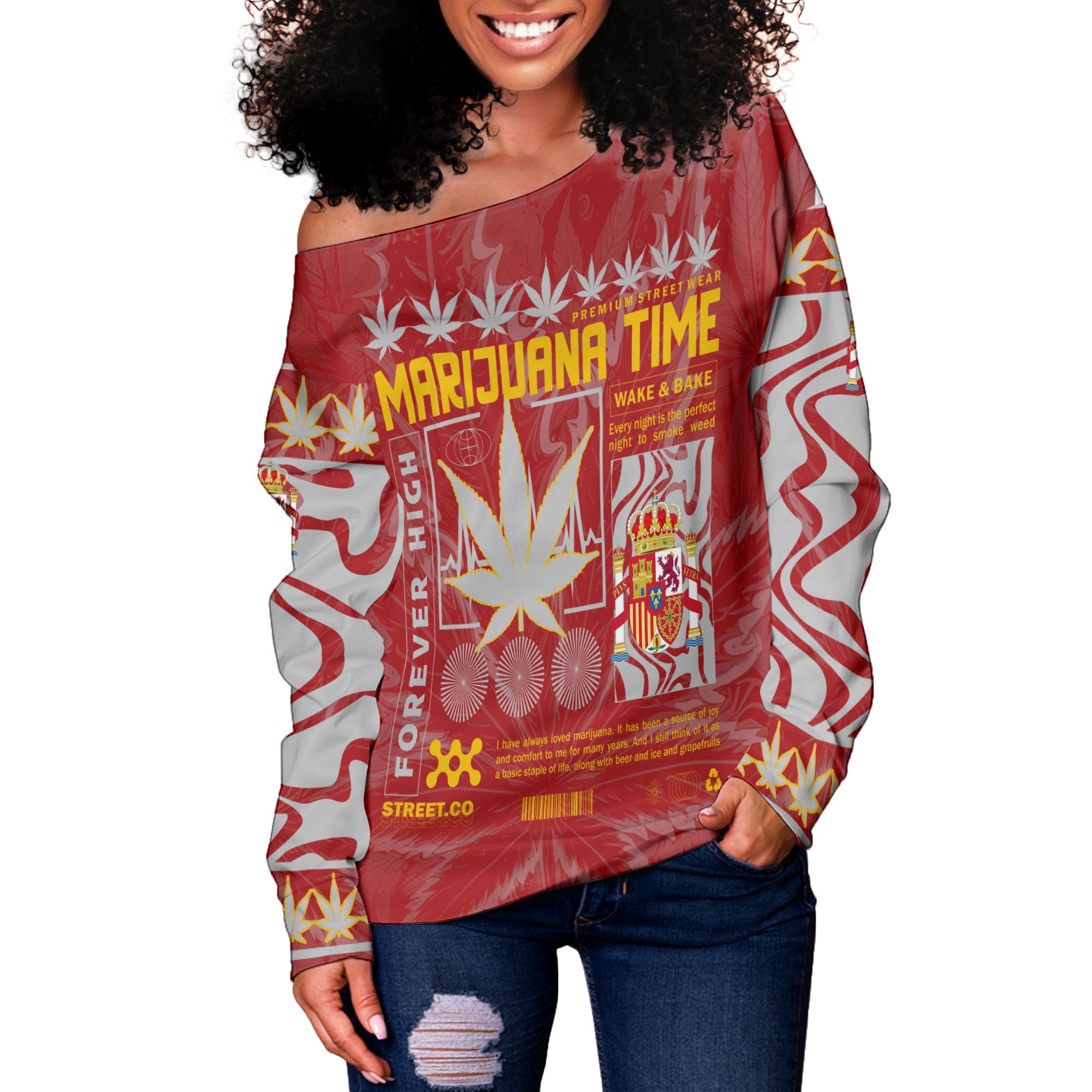 Spain Women Off Shoulder Sweatshirt Flag & Coat Of Arms Marijuanas Style