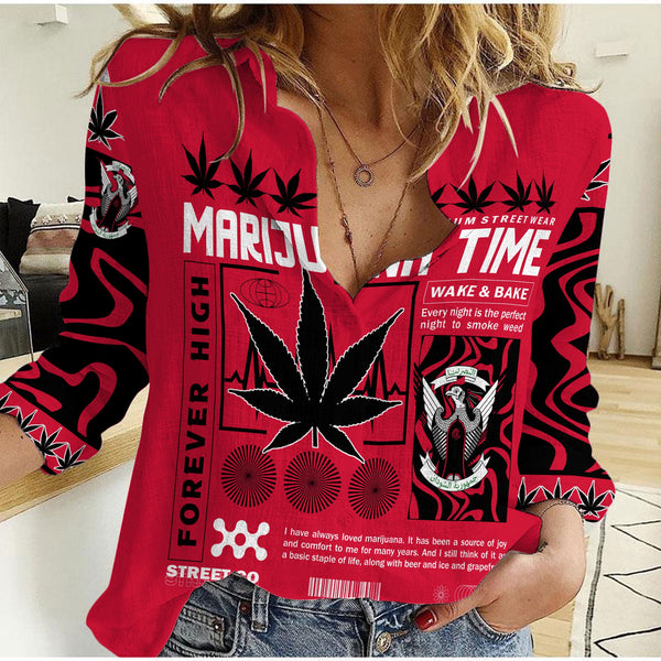 Sudan Women Casual Shirt Flag & Coat Of Arms Marijuanas Style