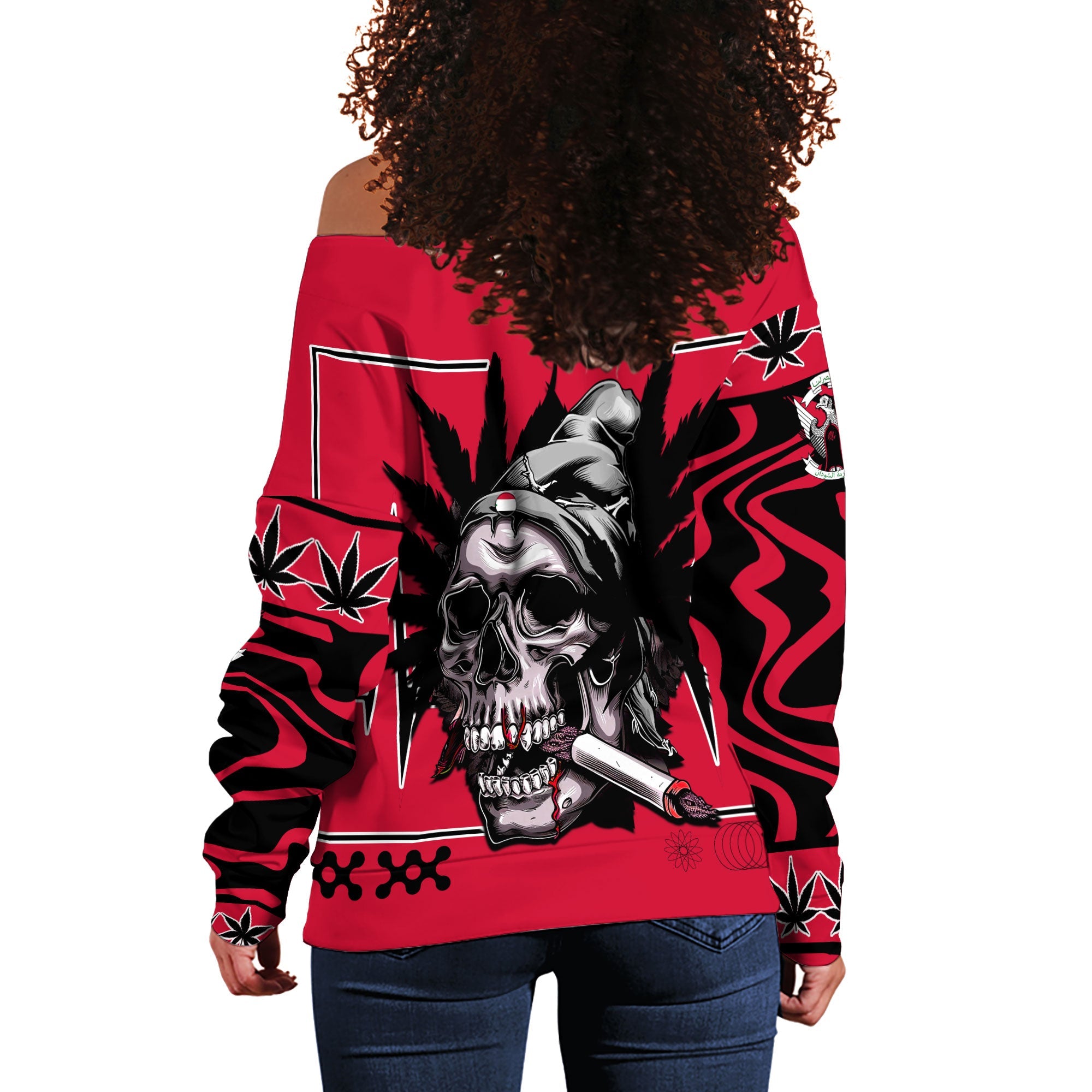 Sudan Women Off Shoulder Sweatshirt Flag & Coat Of Arms Marijuanas Style