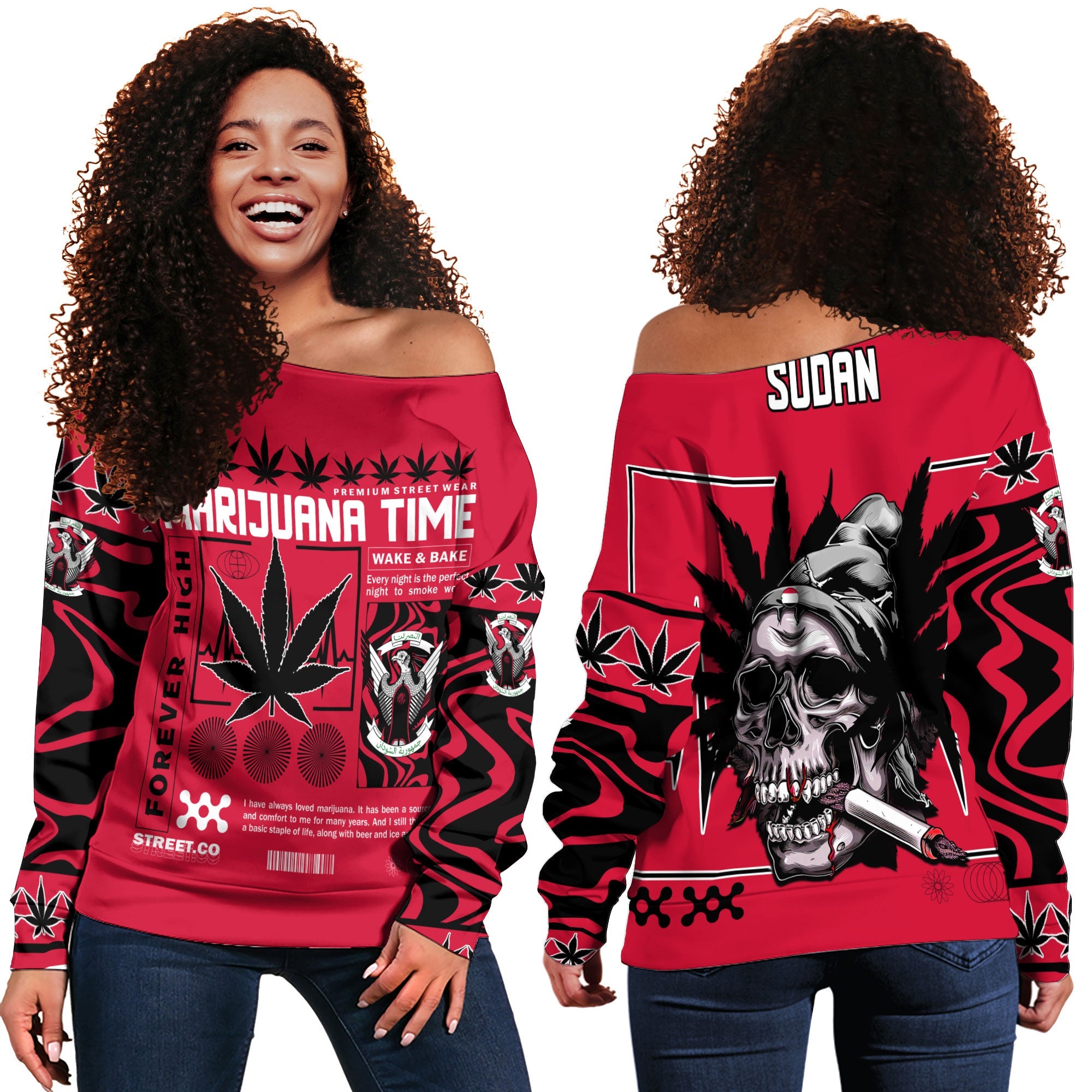 Sudan Women Off Shoulder Sweatshirt Flag & Coat Of Arms Marijuanas Style