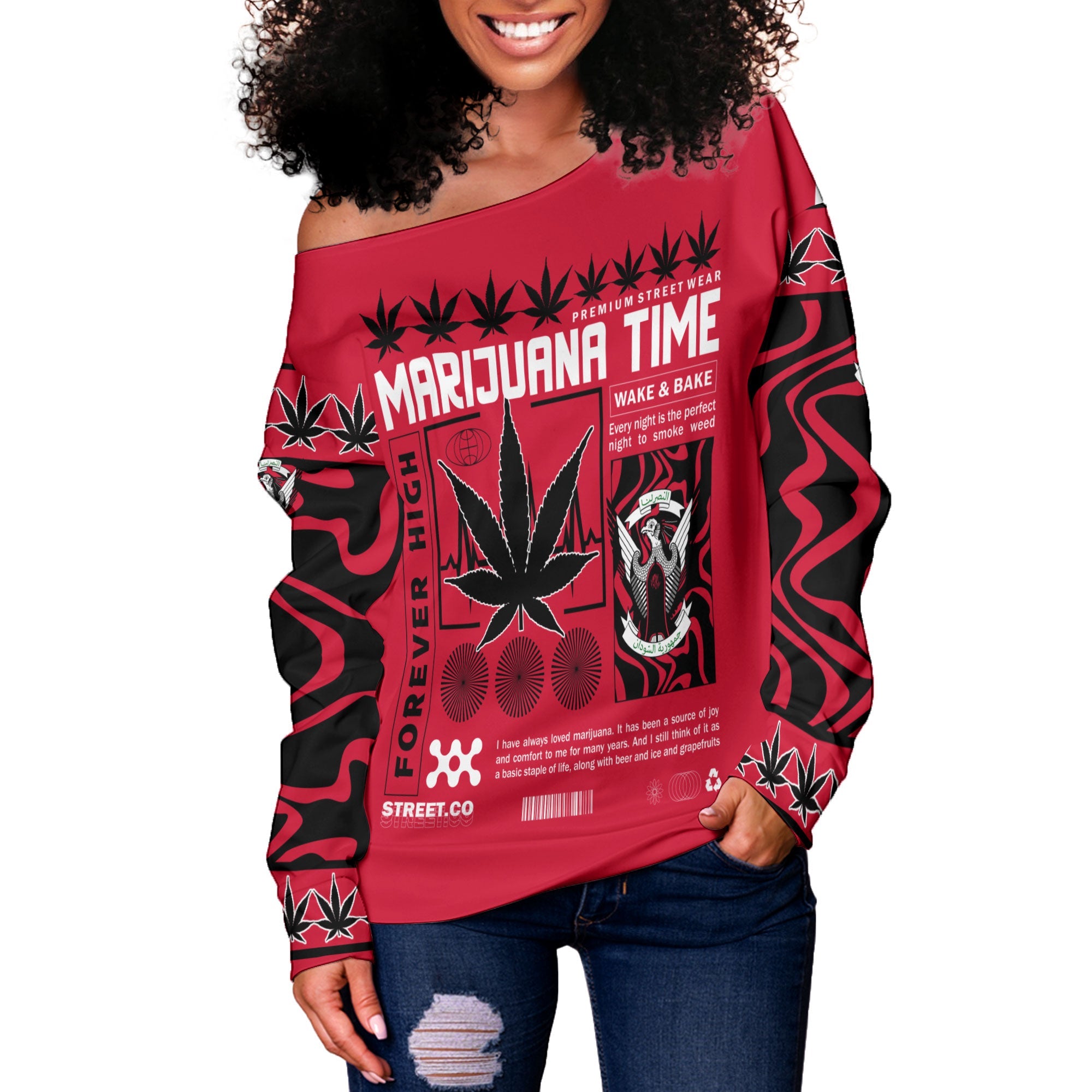 Sudan Women Off Shoulder Sweatshirt Flag & Coat Of Arms Marijuanas Style