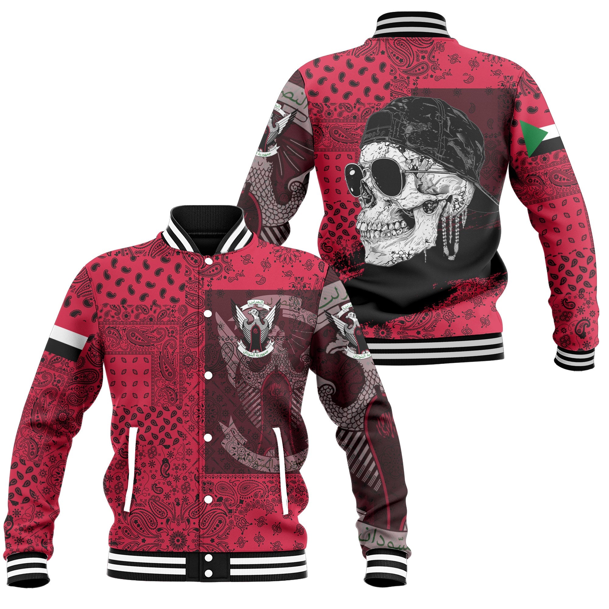 Sudan Baseball Jacket Paisley Flag And Skull Style 1