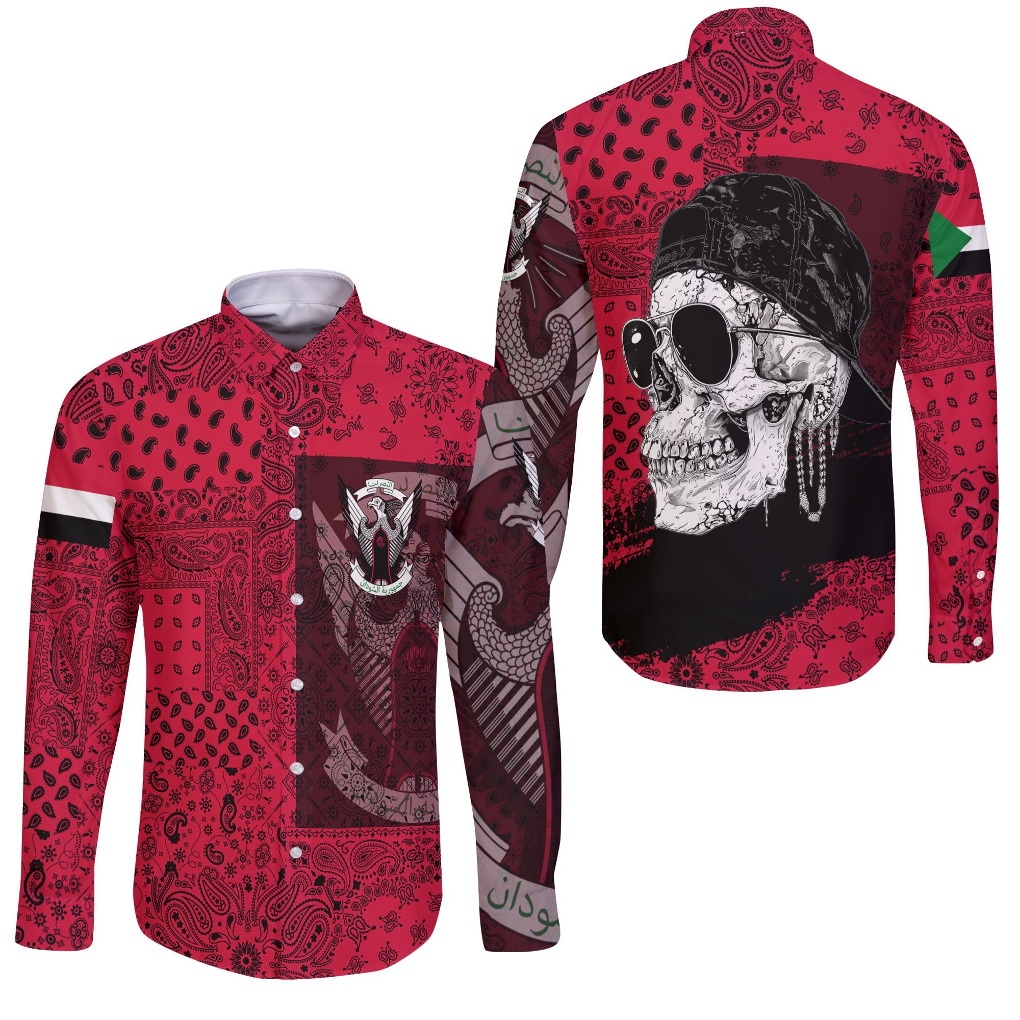 Sudan Long Sleeve Button Shirt Paisley Flag And Skull Style 3