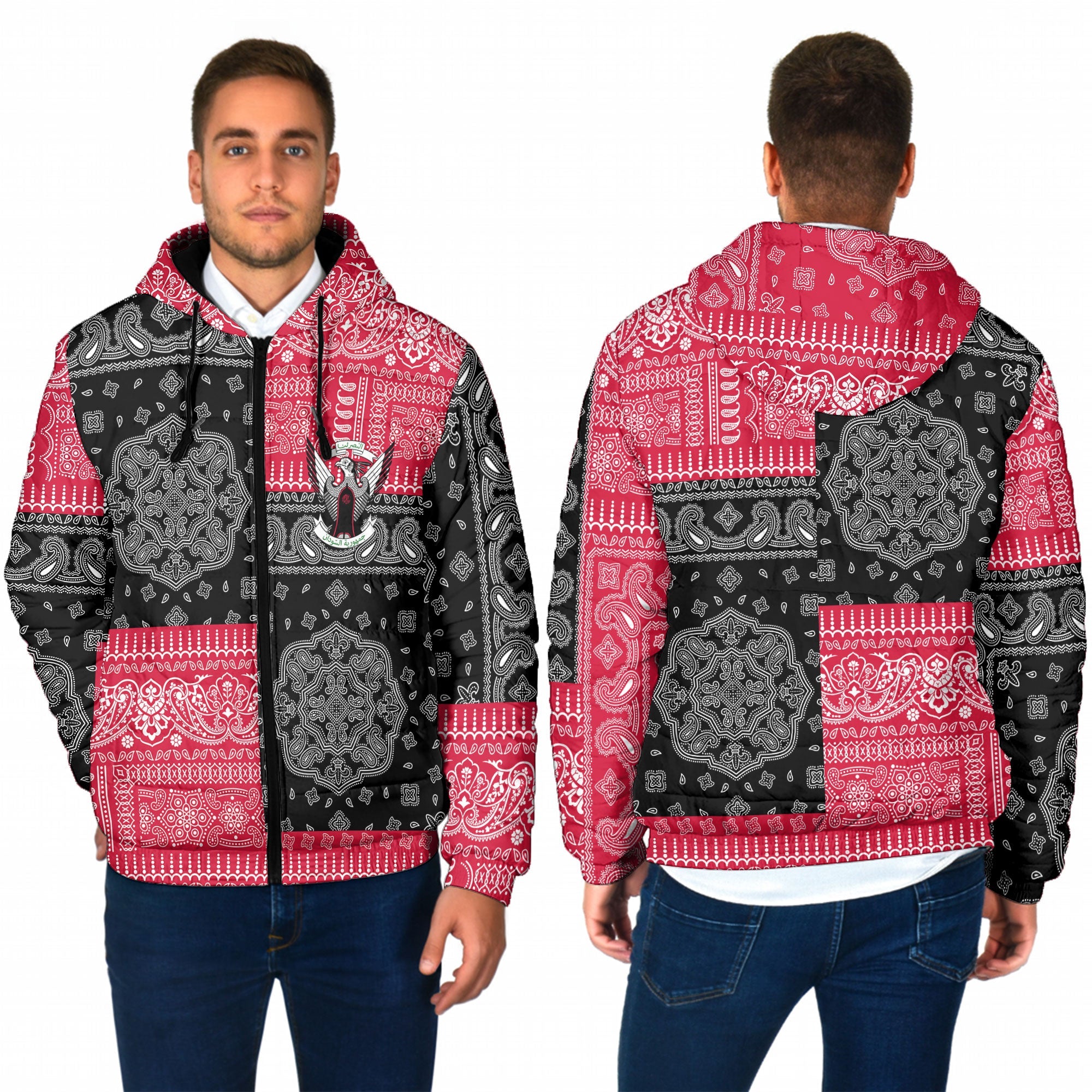 Sudan Men Hooded Padded Jacket Flag And Paisley Basic Style 1