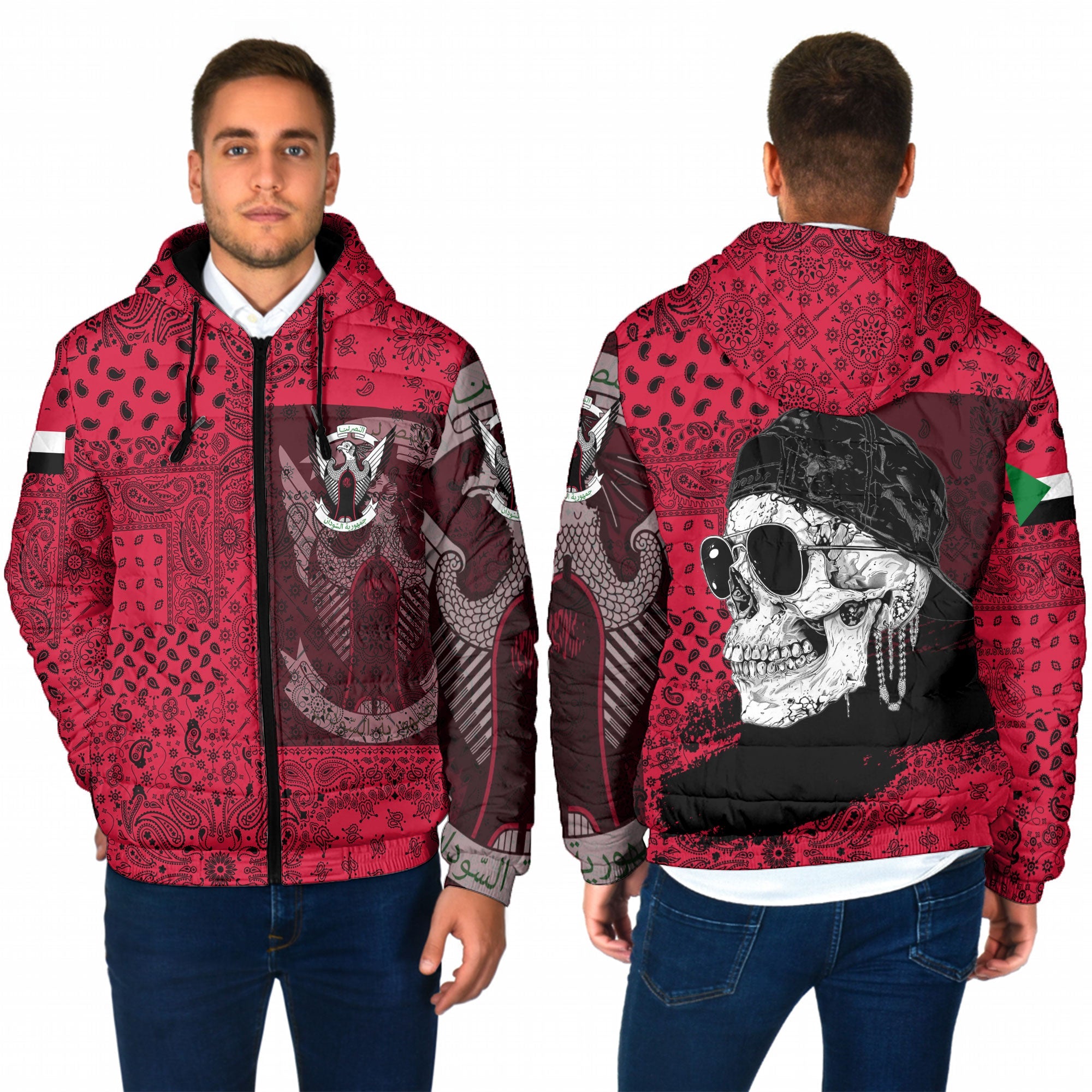 Sudan Men Hooded Padded Jacket Paisley Flag And Skull Style 1