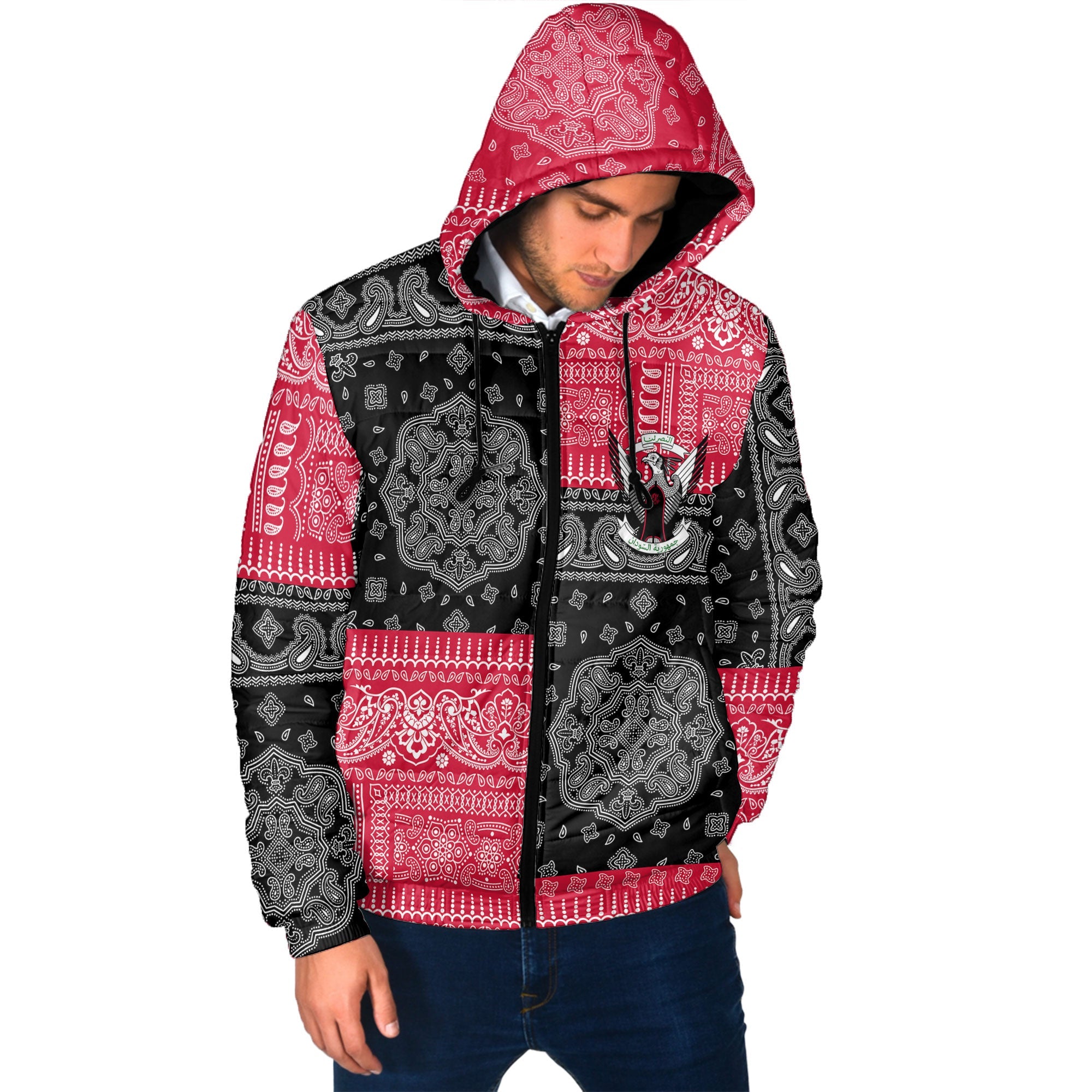 Sudan Men Hooded Padded Jacket Flag And Paisley Basic Style 2