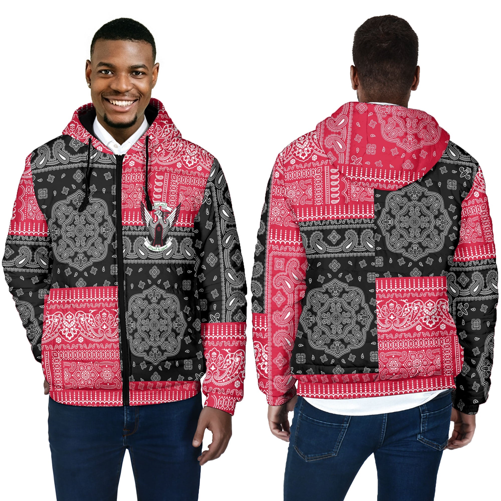 Sudan Men Hooded Padded Jacket Flag And Paisley Basic Style 4