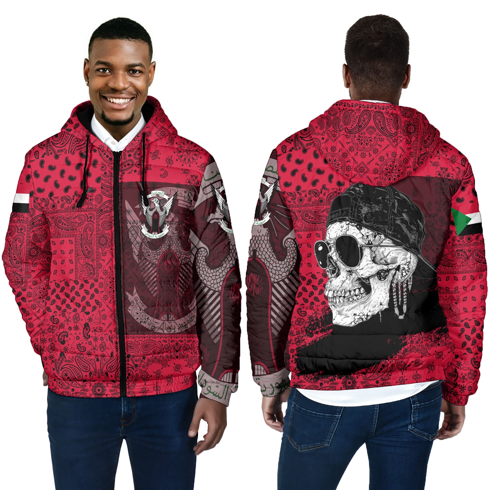 Sudan Men Hooded Padded Jacket Paisley Flag And Skull Style 4