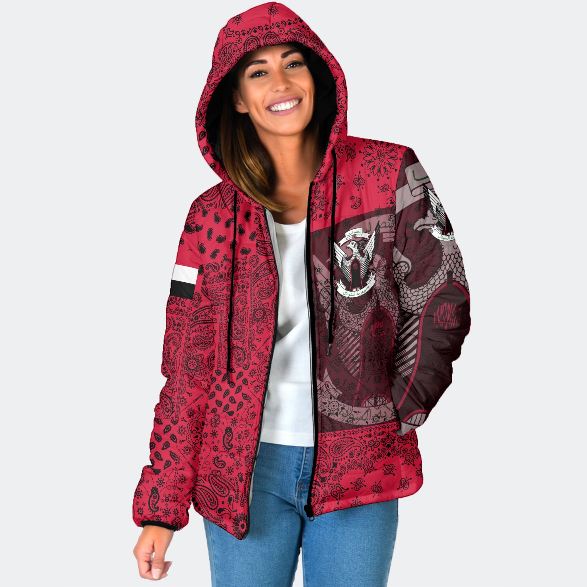 Sudan Women Hooded Padded Jacket Paisley Flag And Skull Style 1