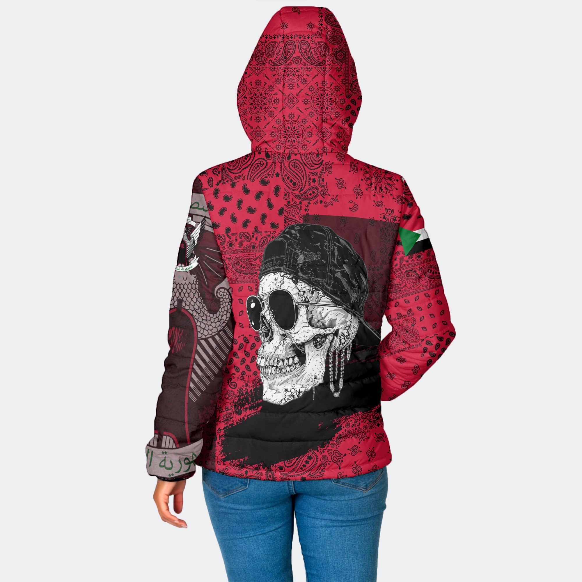 Sudan Women Hooded Padded Jacket Paisley Flag And Skull Style 2