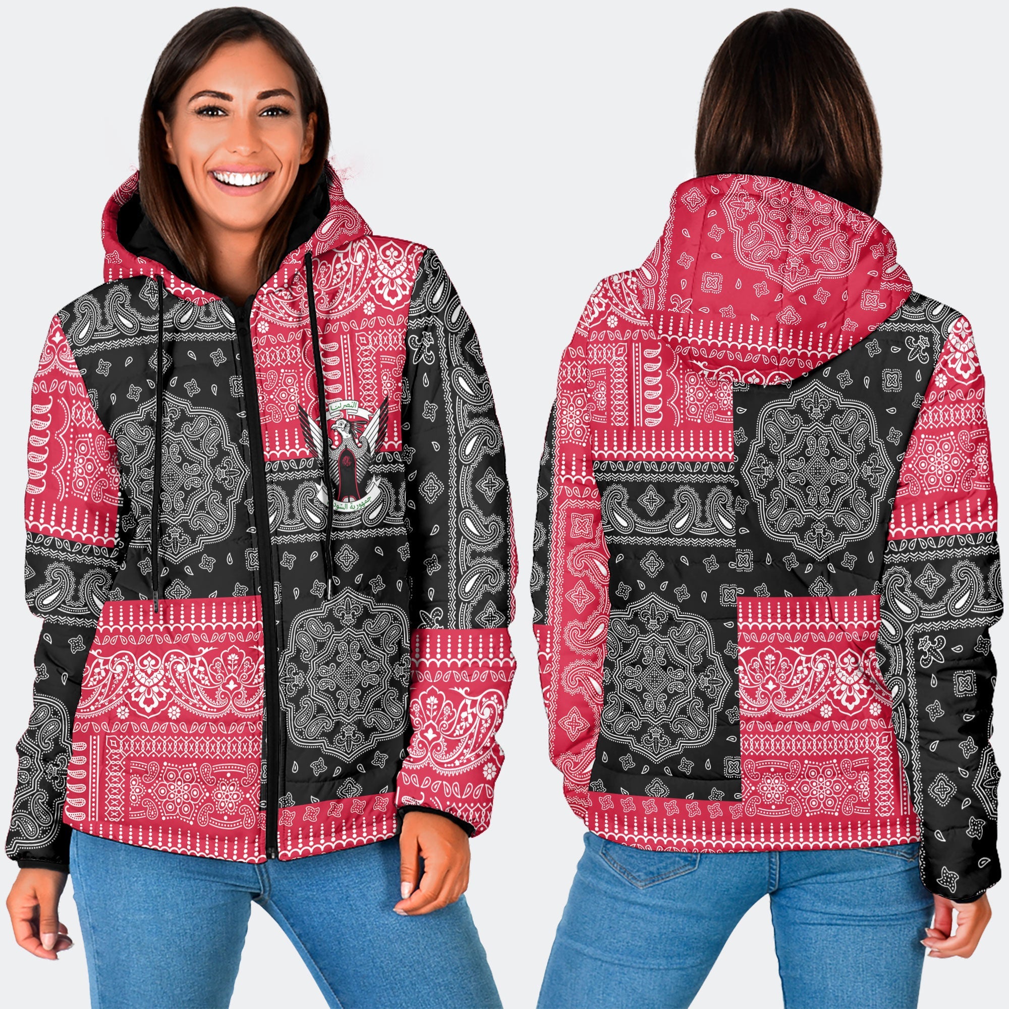 Sudan Women Hooded Padded Jacket Flag And Paisley Basic Style 3