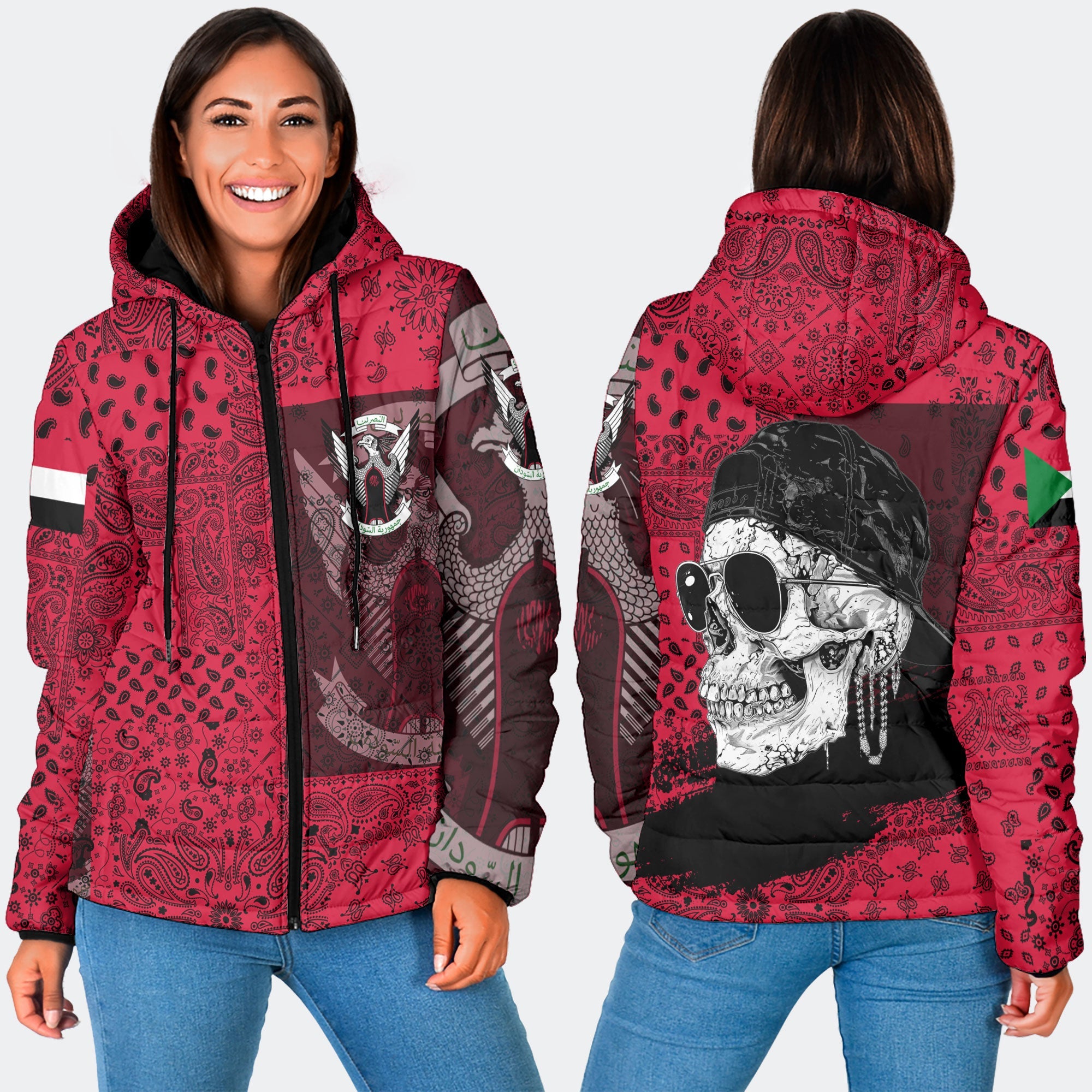 Sudan Women Hooded Padded Jacket Paisley Flag And Skull Style 3