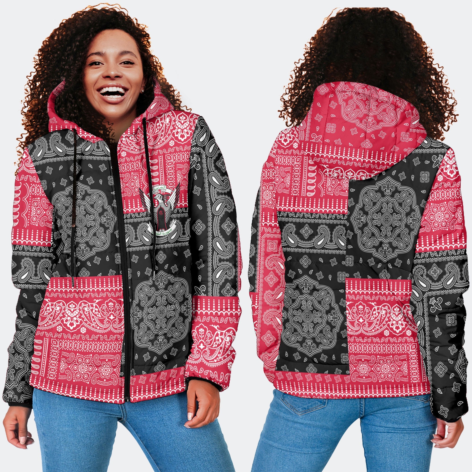 Sudan Women Hooded Padded Jacket Flag And Paisley Basic Style 4