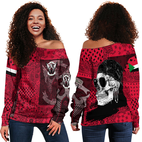 Sudan Women Off Shoulder Sweatshirt Paisley Flag And Skull Style 1