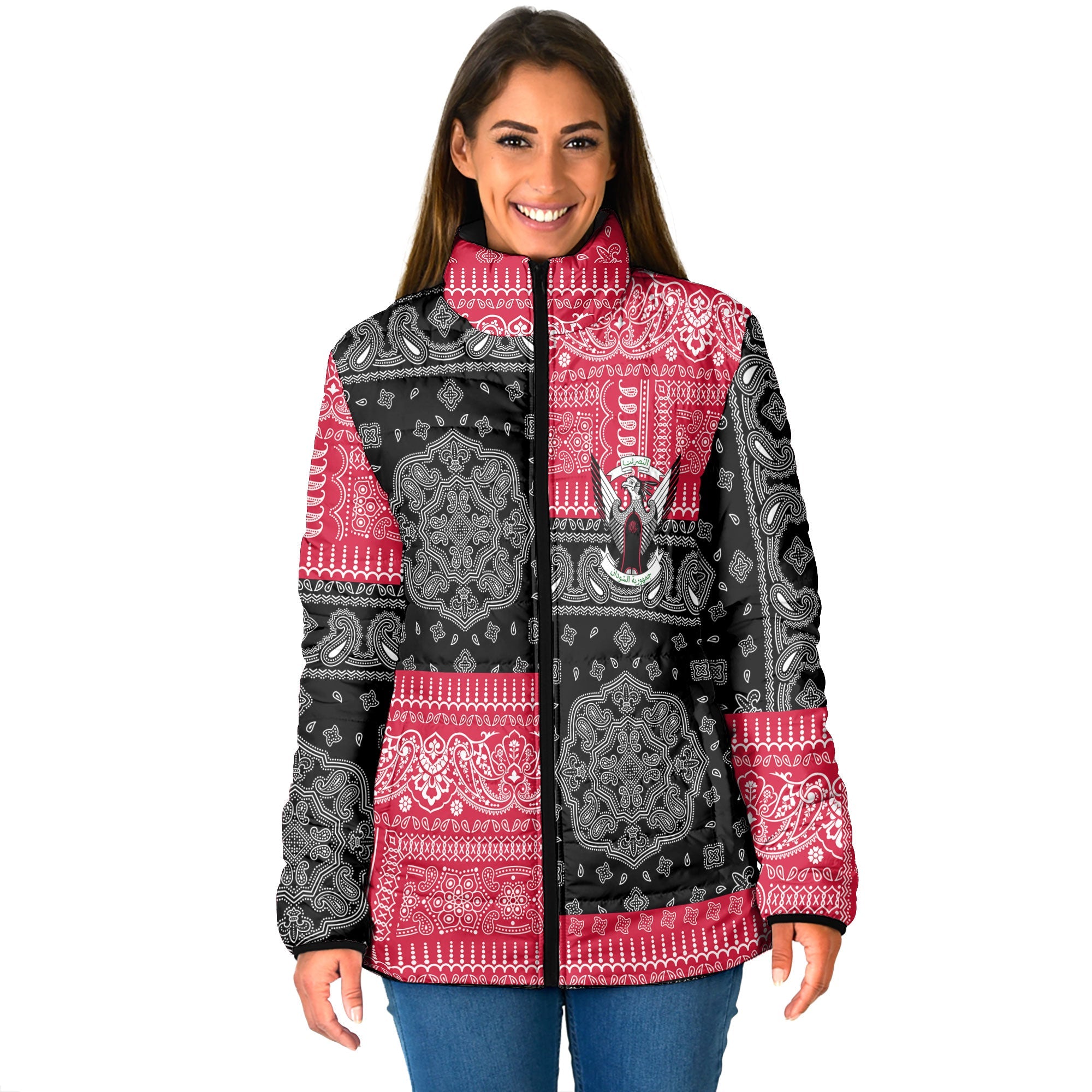 Sudan Women Padded Jacket Flag And Paisley Basic Style 1