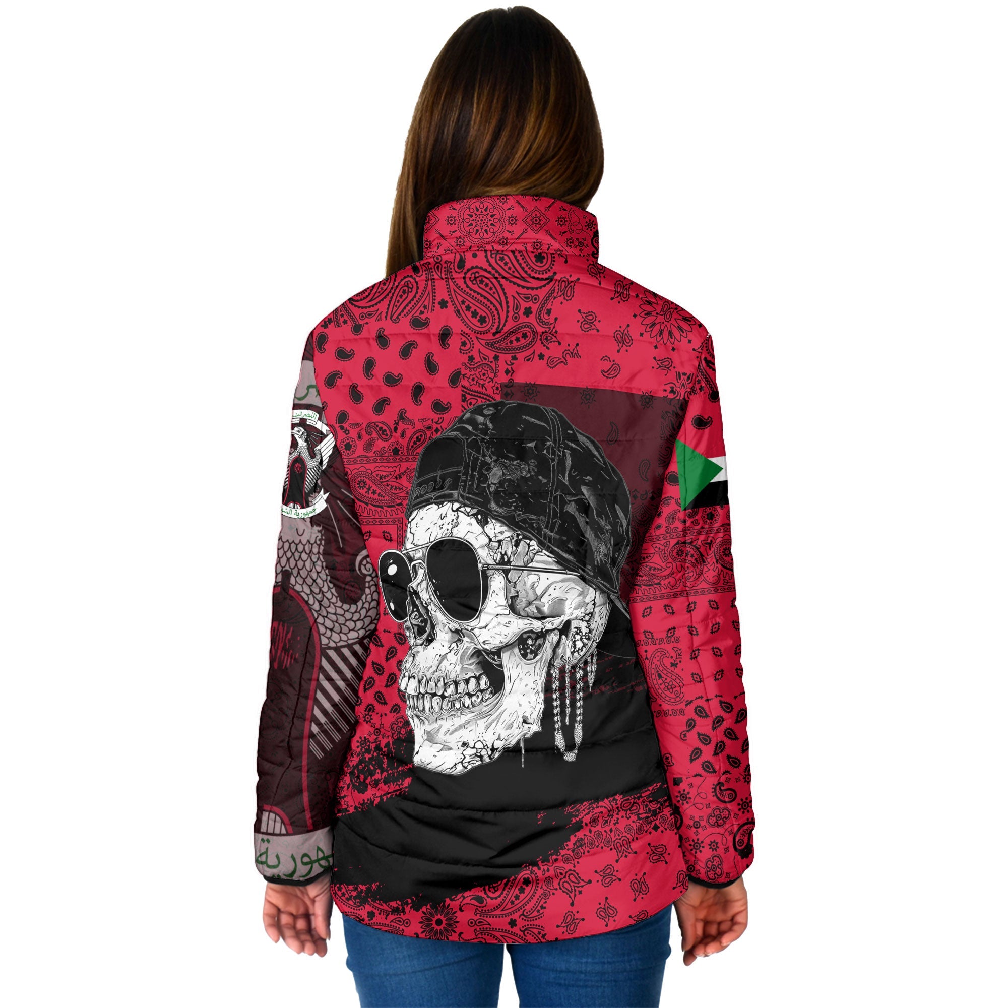 Sudan Women Padded Jacket Paisley Flag And Skull Style 2