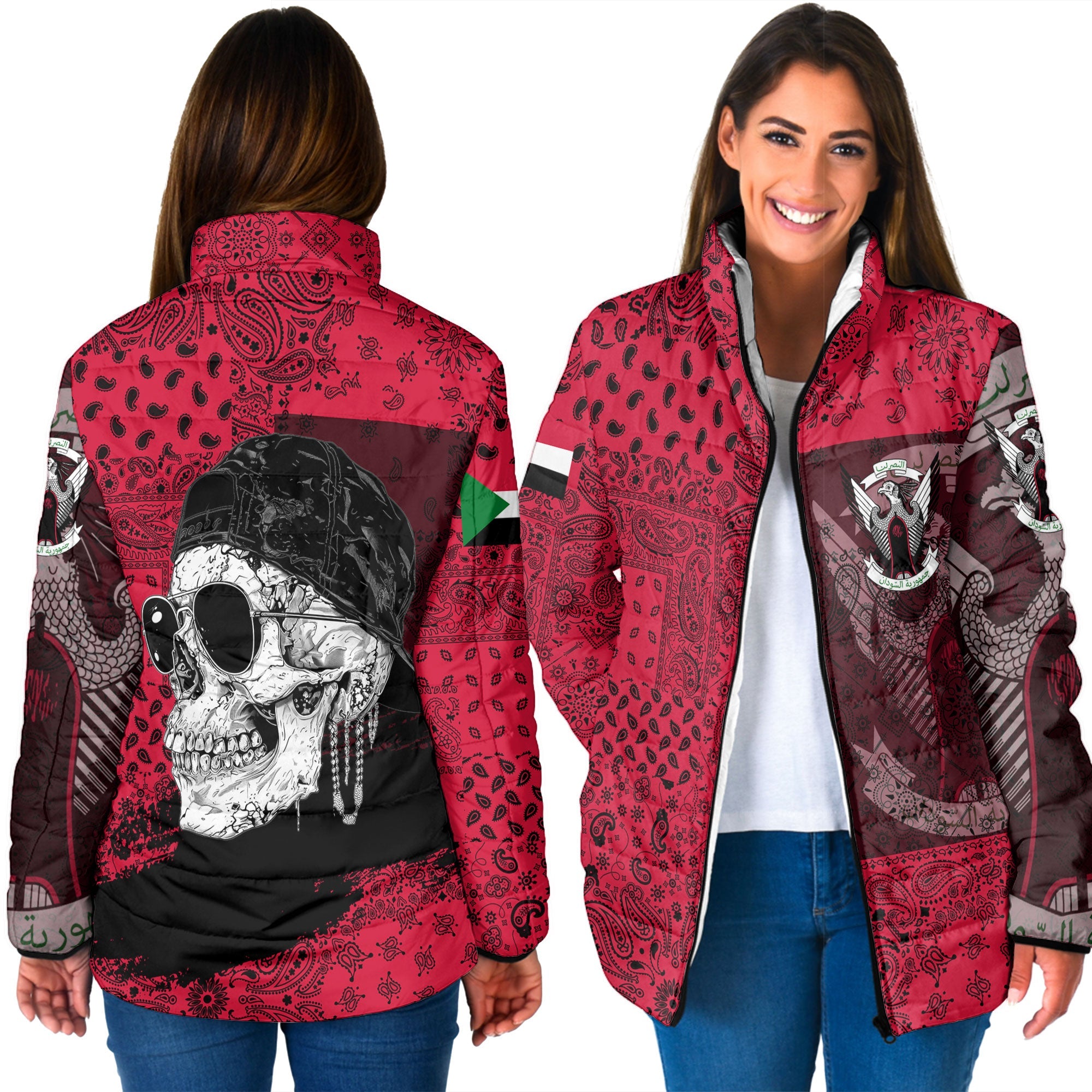 Sudan Women Padded Jacket Paisley Flag And Skull Style 3