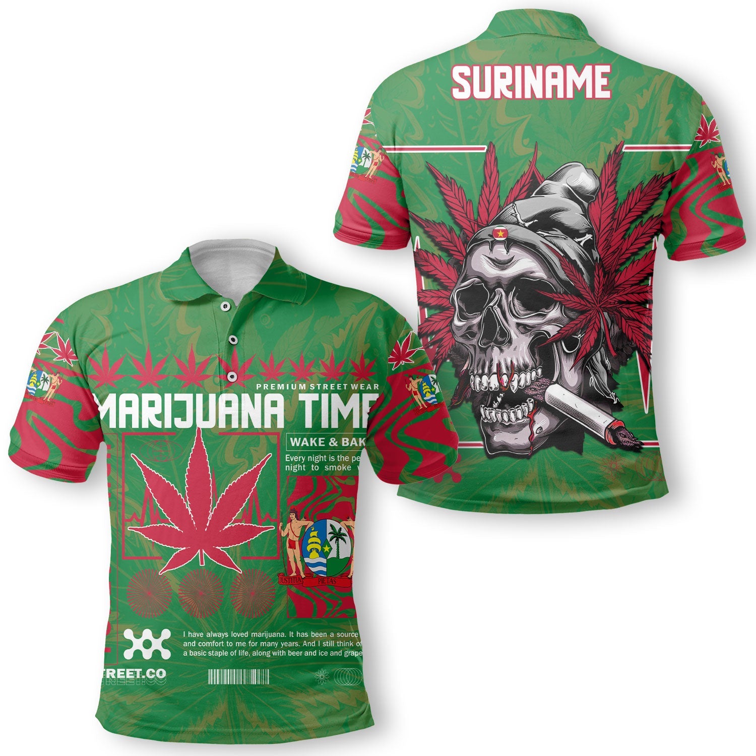 Suriname Polo Shirt Flag & Coat Of Arms Marijuanas Style