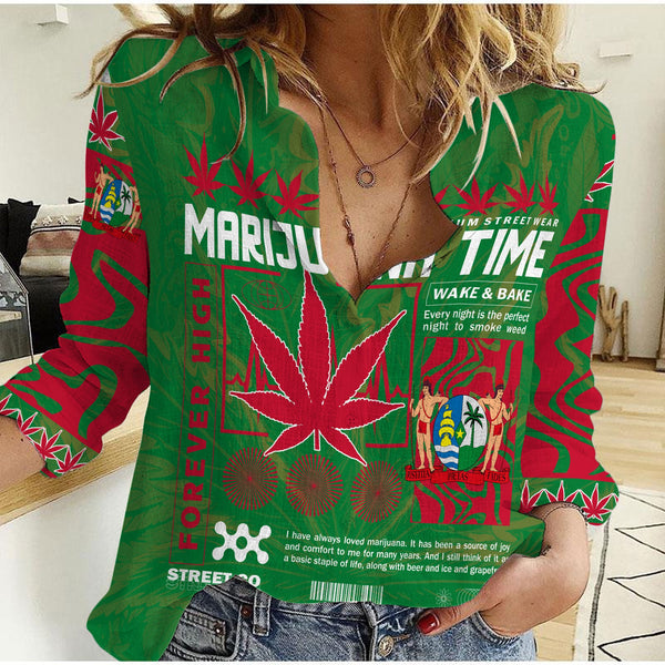 Suriname Women Casual Shirt Flag & Coat Of Arms Marijuanas Style