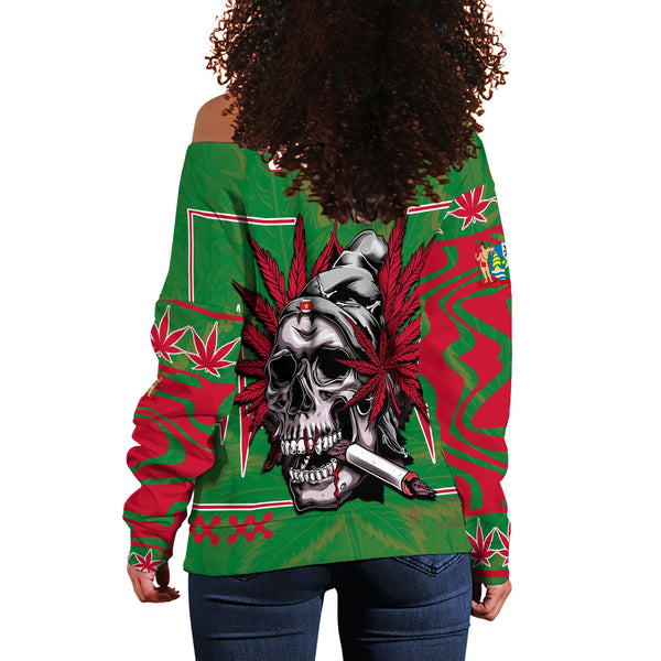 Suriname Women Off Shoulder Sweatshirt Flag & Coat Of Arms Marijuanas Style