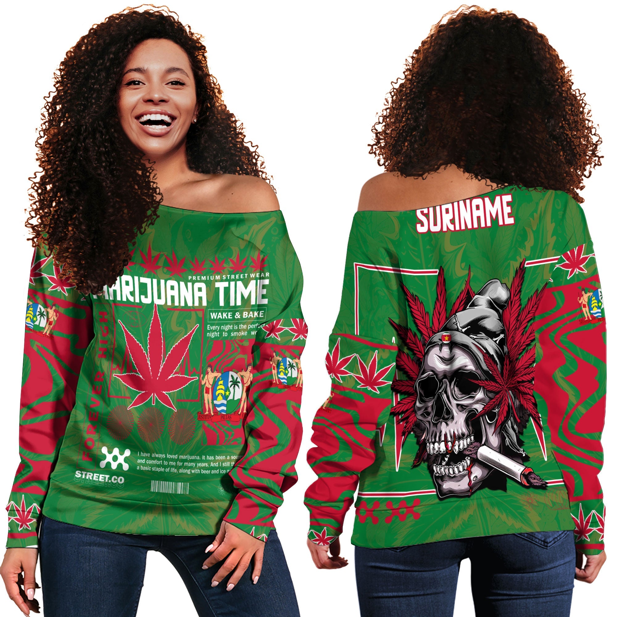 Suriname Women Off Shoulder Sweatshirt Flag & Coat Of Arms Marijuanas Style