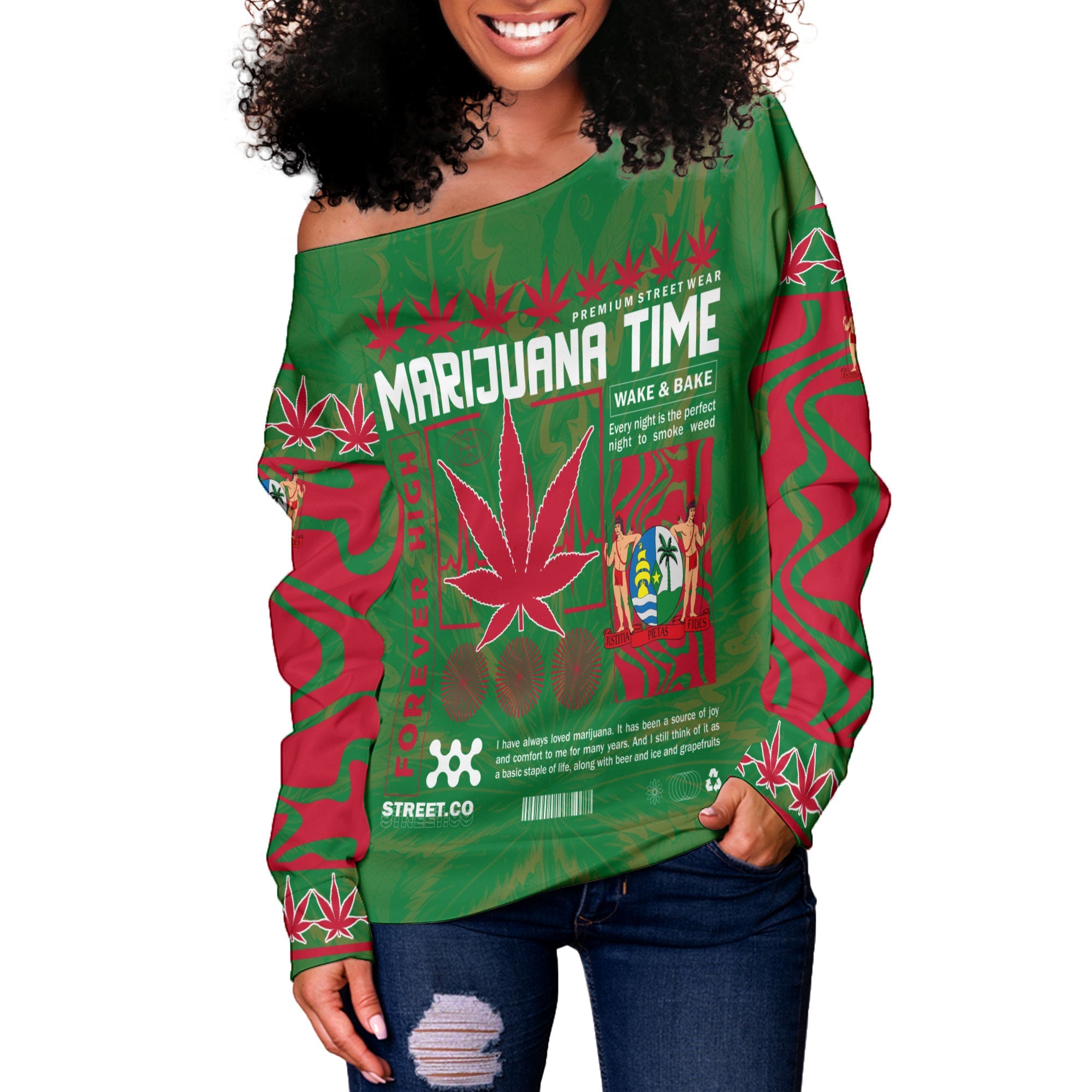 Suriname Women Off Shoulder Sweatshirt Flag & Coat Of Arms Marijuanas Style