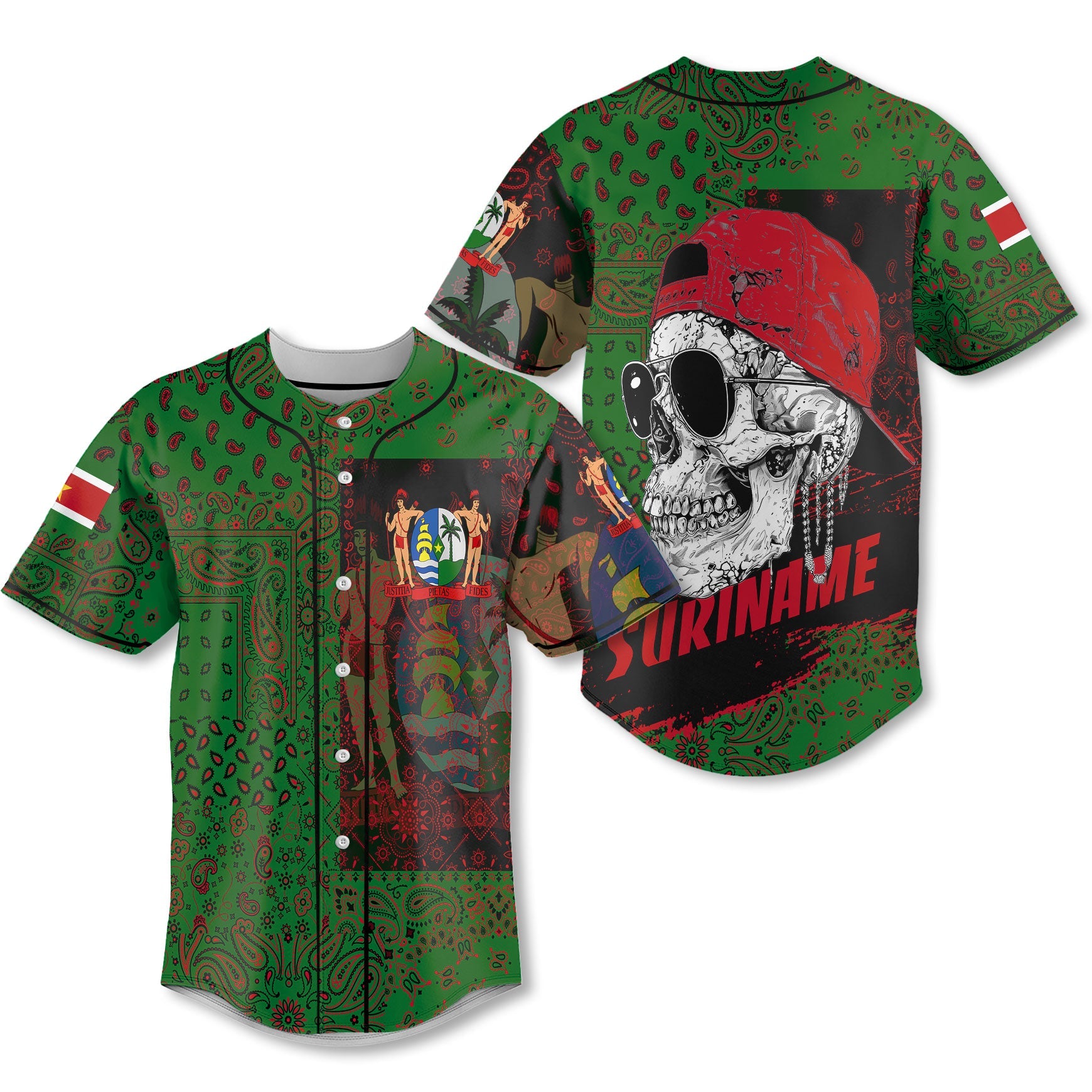 Suriname Baseball Jersey Paisley Flag And Skull Style 1