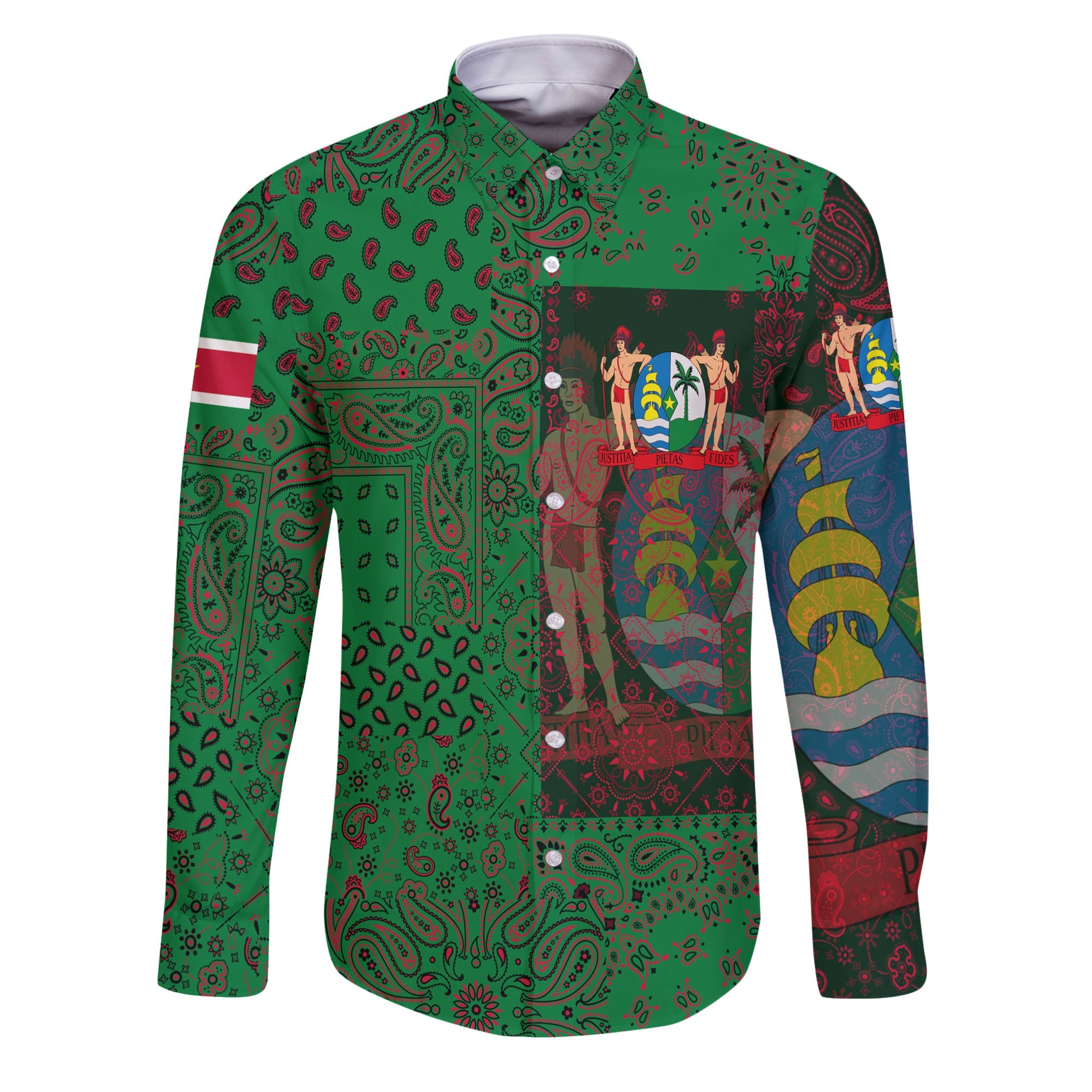 Suriname Long Sleeve Button Shirt Paisley Flag And Skull Style 1