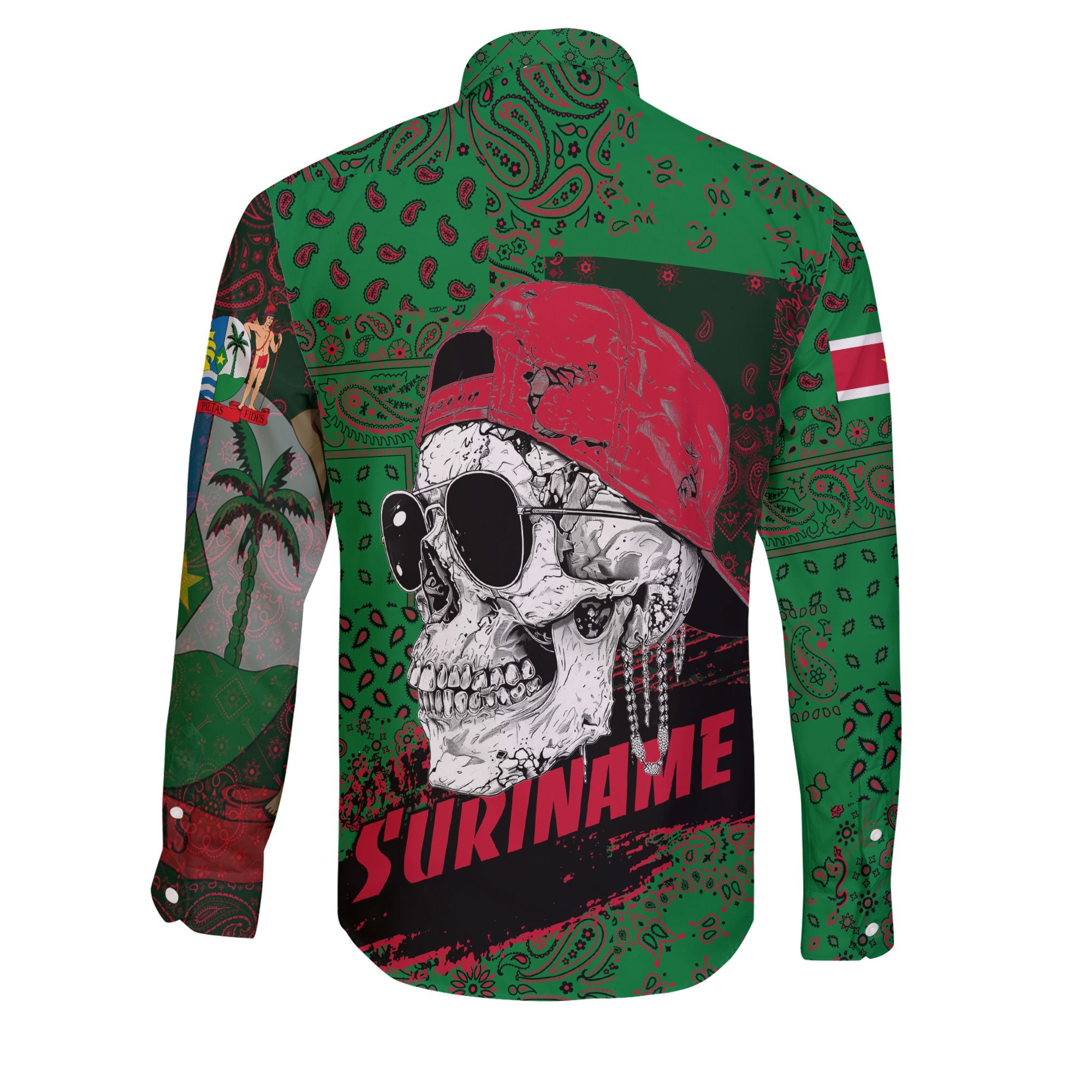 Suriname Long Sleeve Button Shirt Paisley Flag And Skull Style 2