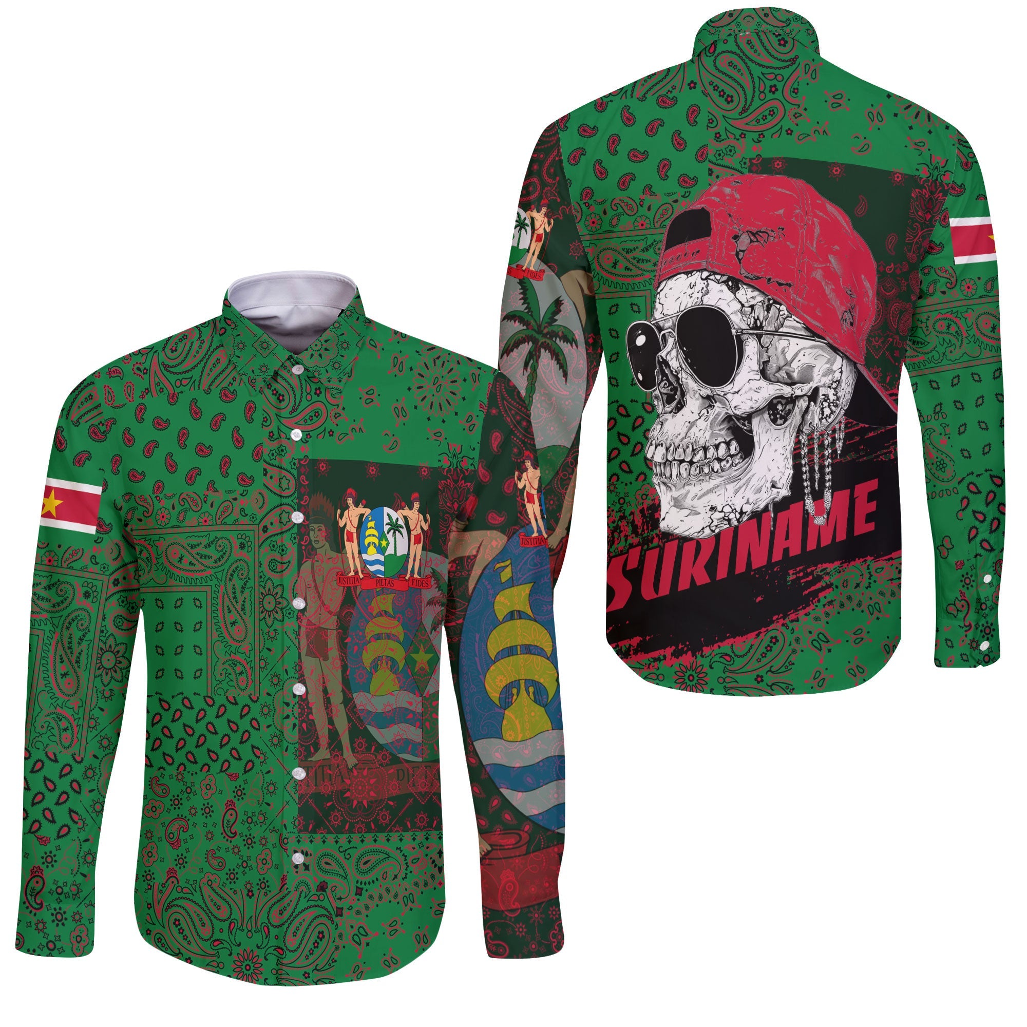 Suriname Long Sleeve Button Shirt Paisley Flag And Skull Style 3