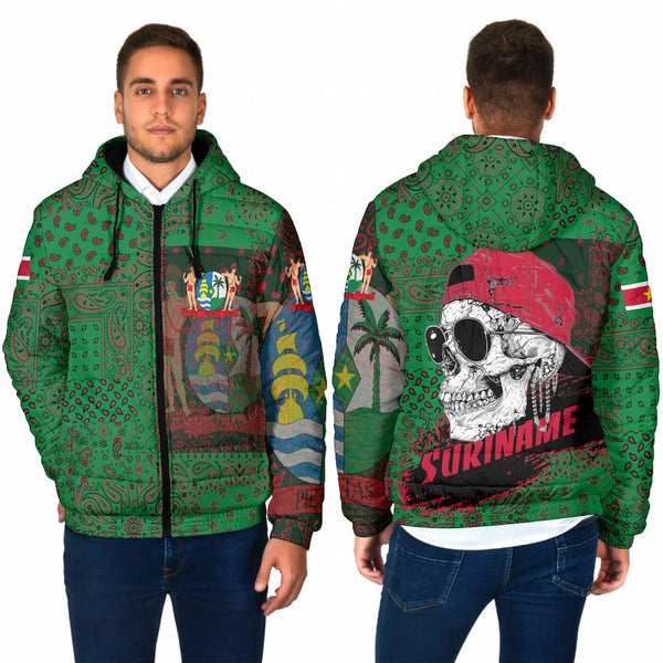 Suriname Men Hooded Padded Jacket Paisley Flag And Skull Style 1