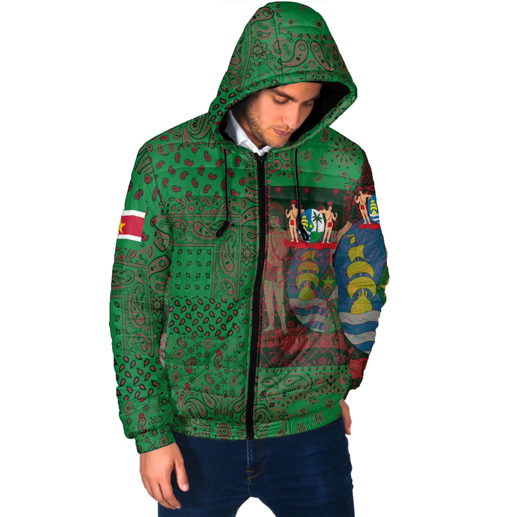 Suriname Men Hooded Padded Jacket Paisley Flag And Skull Style 2