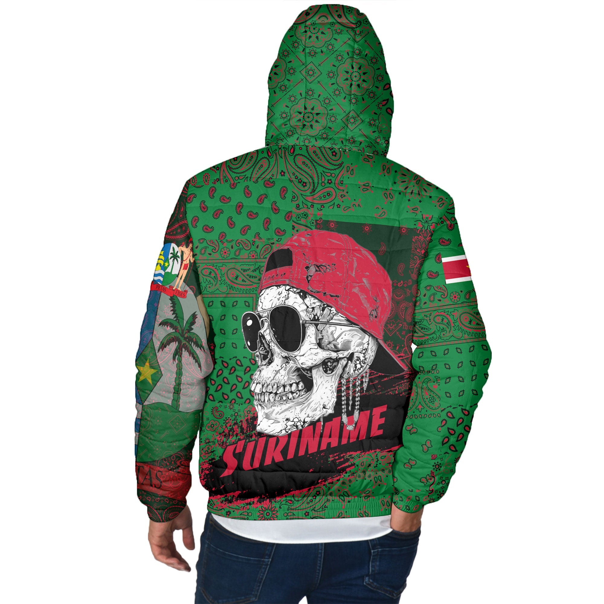 Suriname Men Hooded Padded Jacket Paisley Flag And Skull Style 3