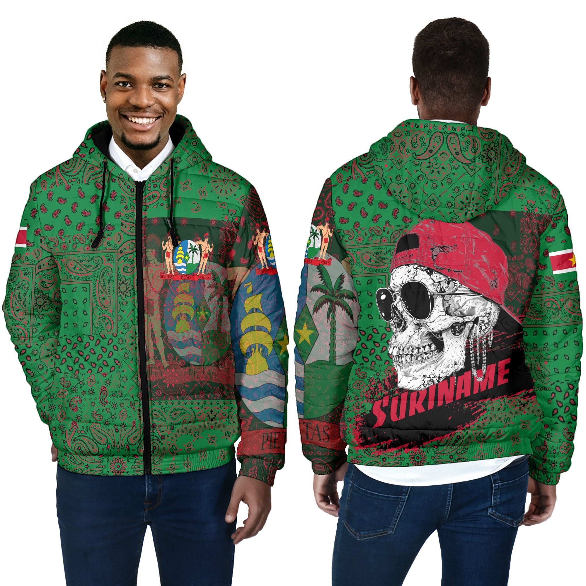 Suriname Men Hooded Padded Jacket Paisley Flag And Skull Style 4