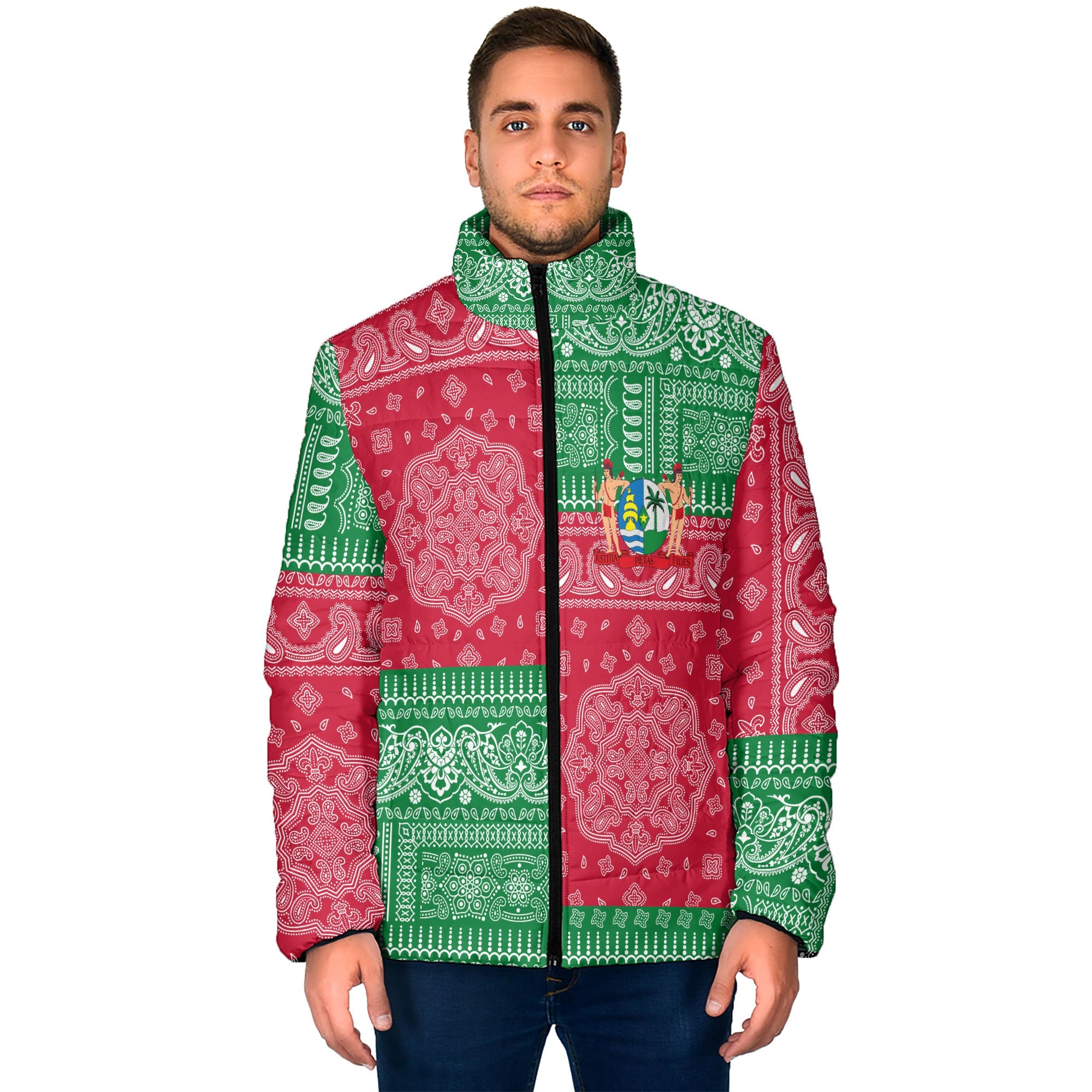 Suriname Men Padded Jacket Flag And Paisley Basic Style 1