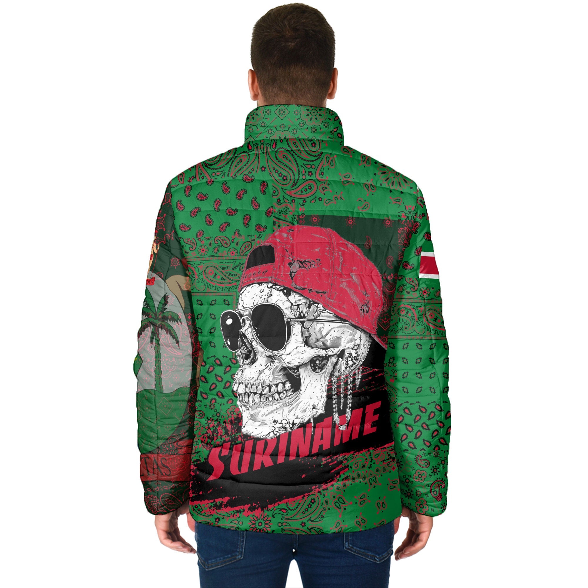 Suriname Men Padded Jacket Paisley Flag And Skull Style 2