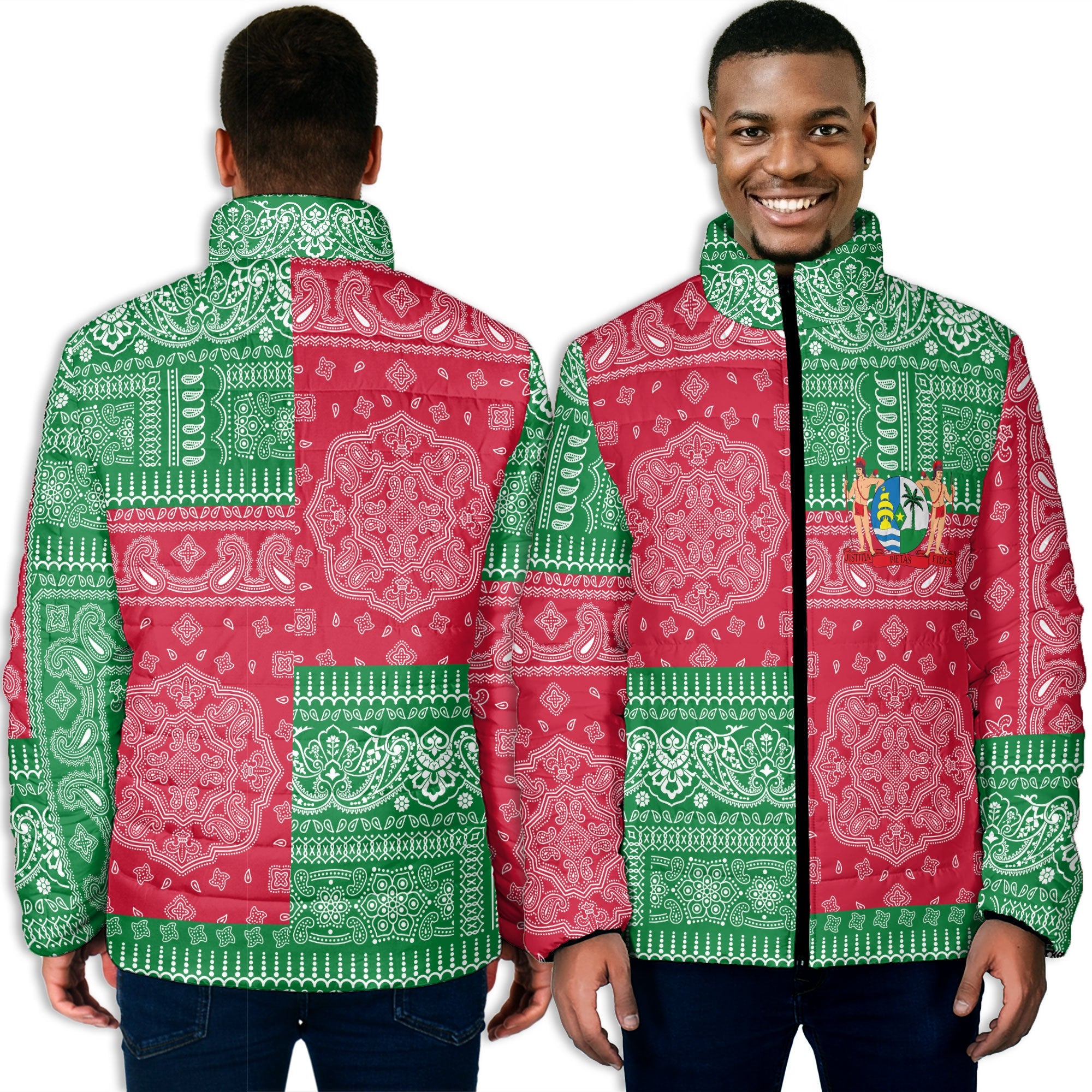 Suriname Men Padded Jacket Flag And Paisley Basic Style 3