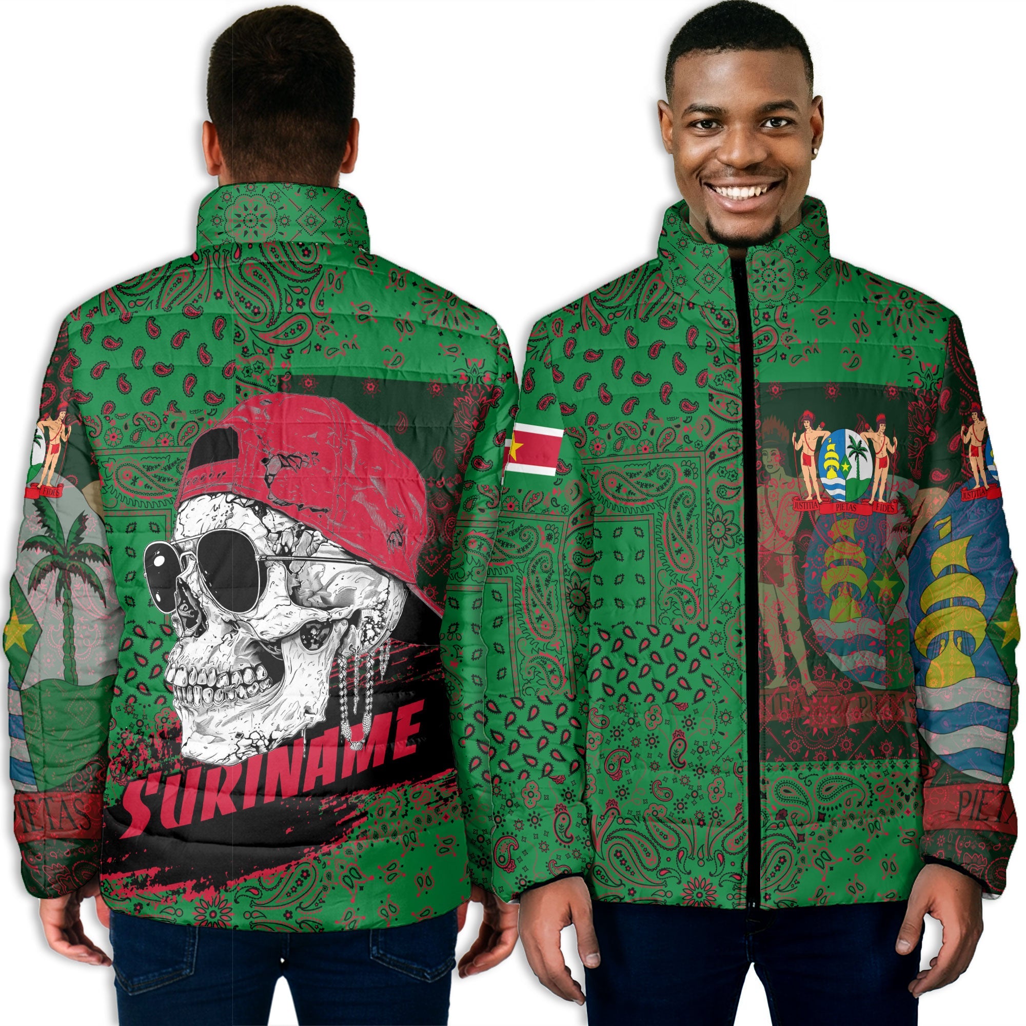 Suriname Men Padded Jacket Paisley Flag And Skull Style 3