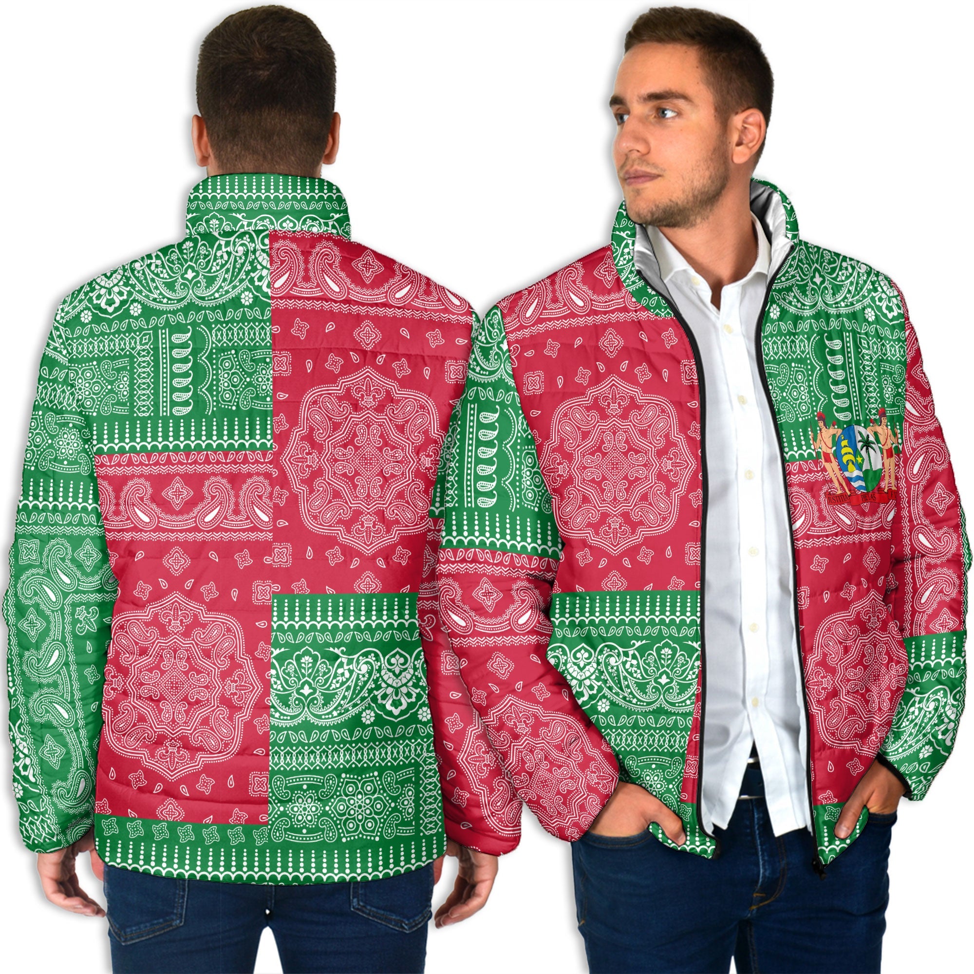 Suriname Men Padded Jacket Flag And Paisley Basic Style 4