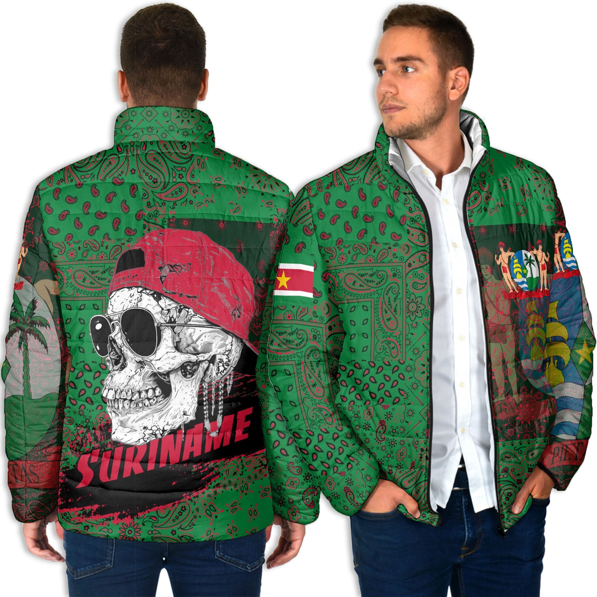 Suriname Men Padded Jacket Paisley Flag And Skull Style 4