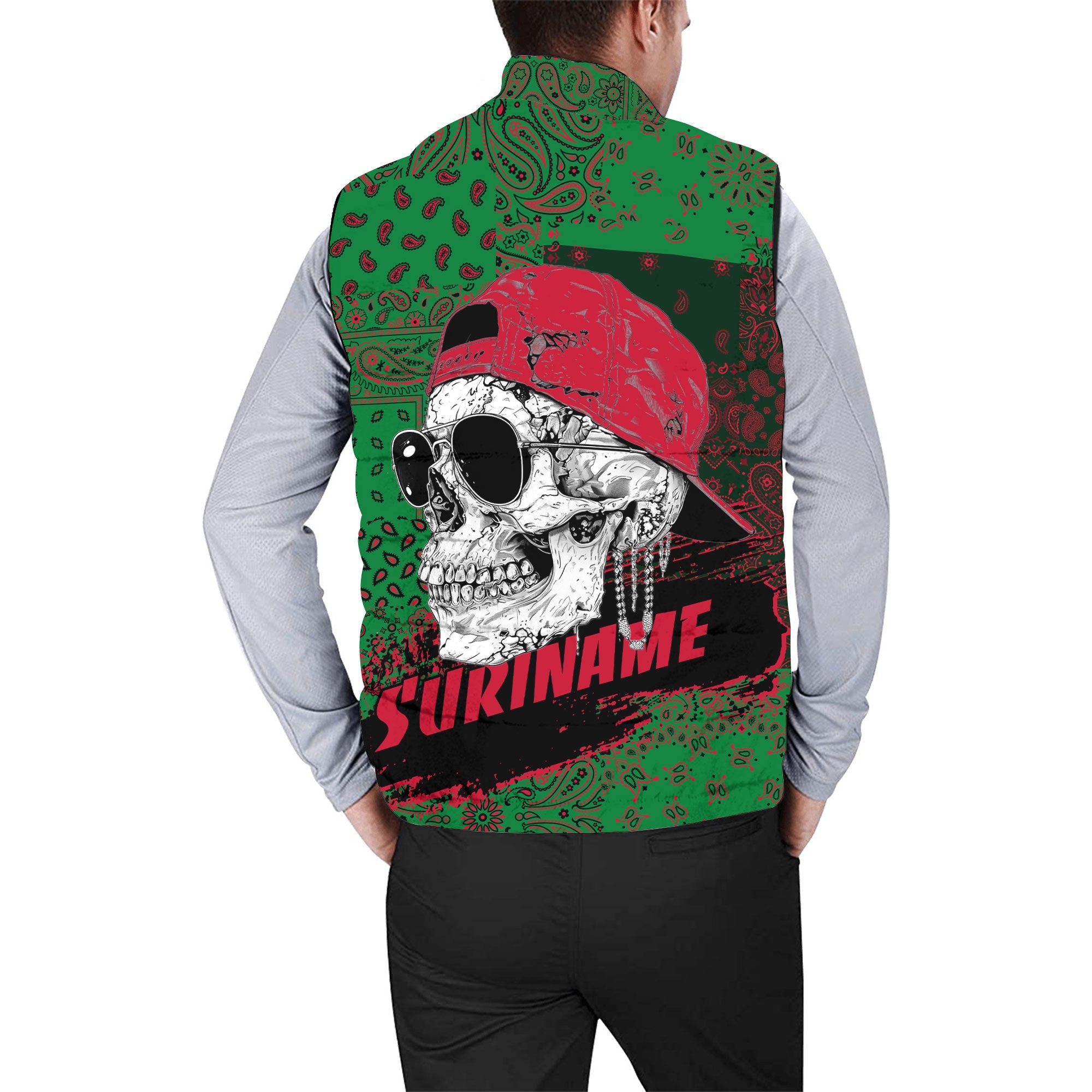 Suriname Men Padded Jacket Vest Paisley Flag And Skull Style 2