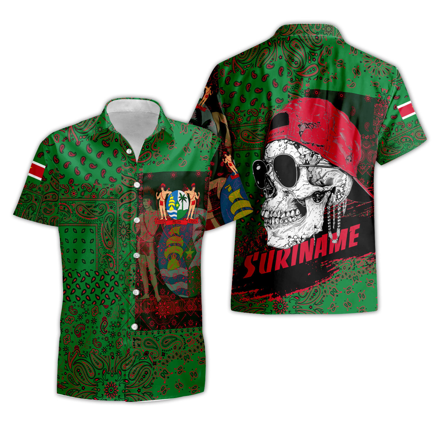 Suriname Short Sleeve Shirt Paisley Flag And Skull Style 3