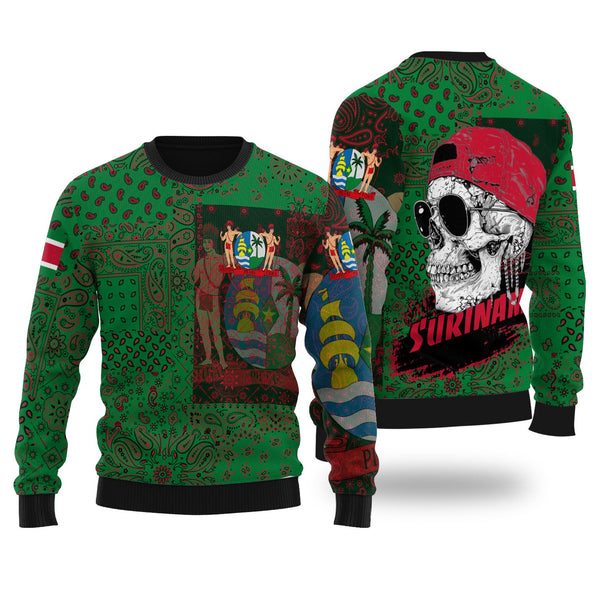 Suriname Ugly Sweater Paisley Flag And Skull Style 1