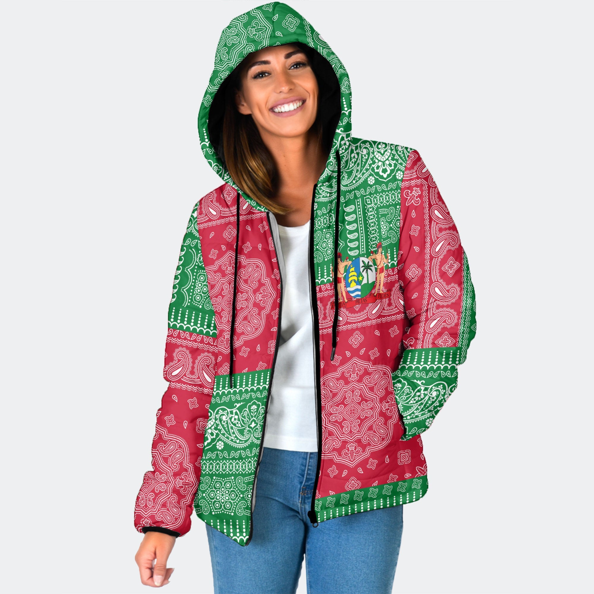 Suriname Women Hooded Padded Jacket Flag And Paisley Basic Style 1