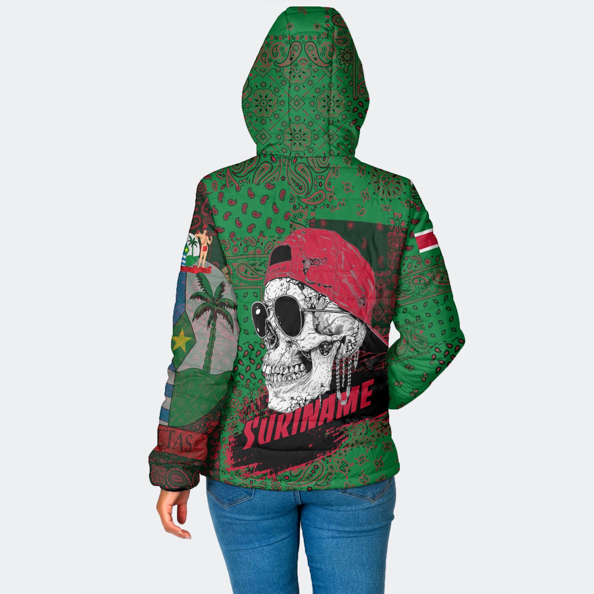 Suriname Women Hooded Padded Jacket Paisley Flag And Skull Style 2