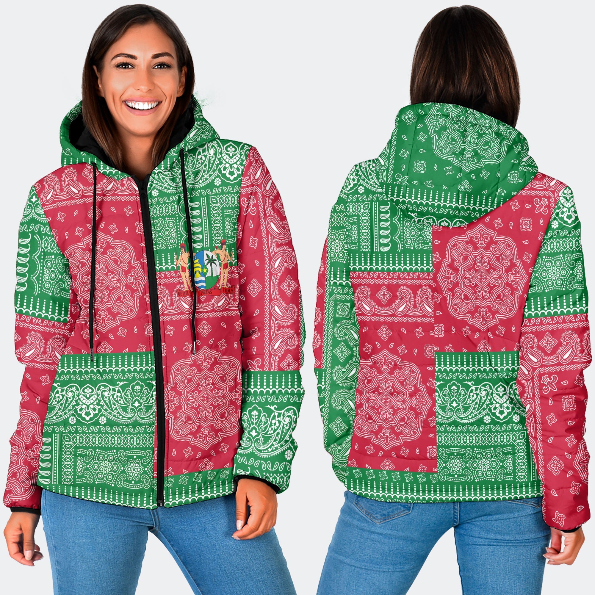 Suriname Women Hooded Padded Jacket Flag And Paisley Basic Style 3