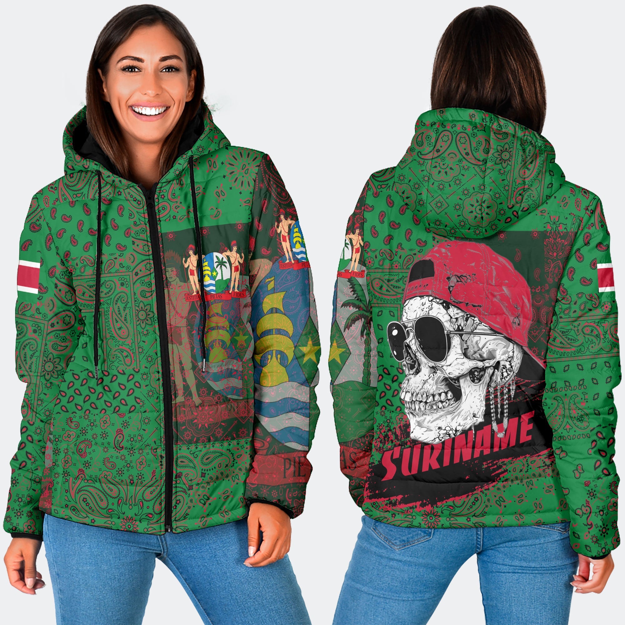 Suriname Women Hooded Padded Jacket Paisley Flag And Skull Style 3